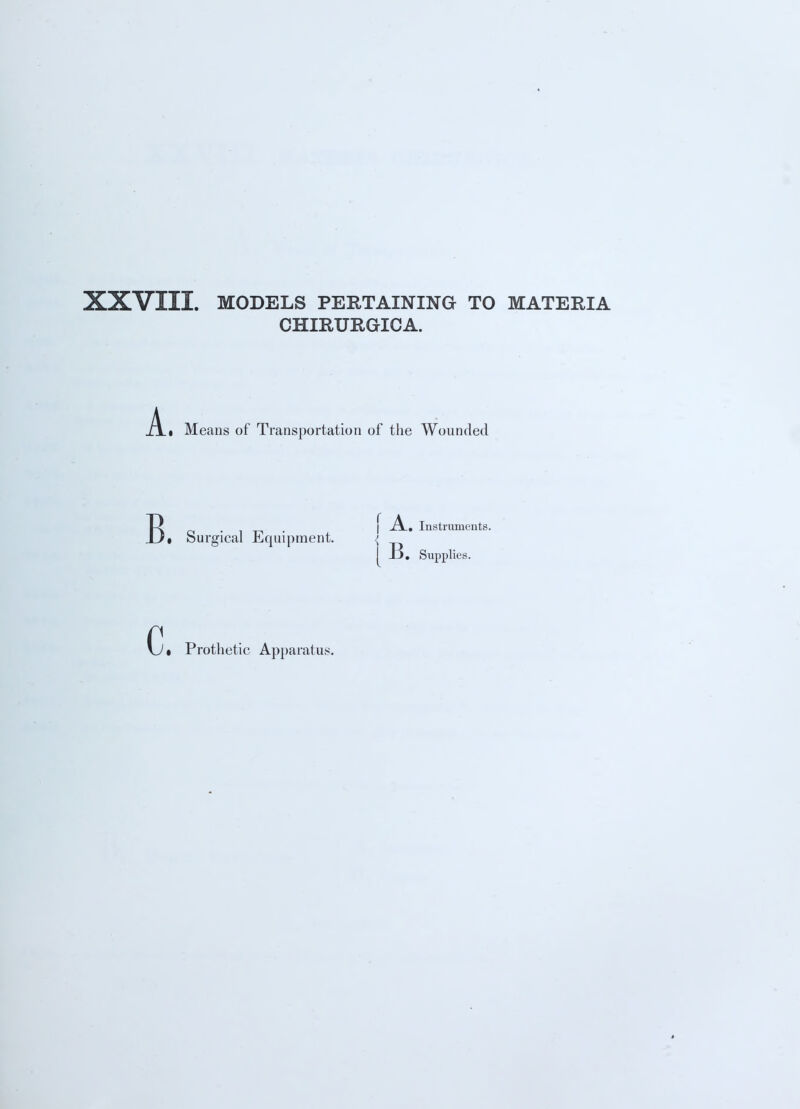 XXVIII. MODELS PERTAINING TO MATERIA CHIRURGICA. At Mes eans of Transportation of the Wounded B. . \ A. Instruments. • Surgical Equipment. t I _D. Supplies. c. Protbetic Apparatus