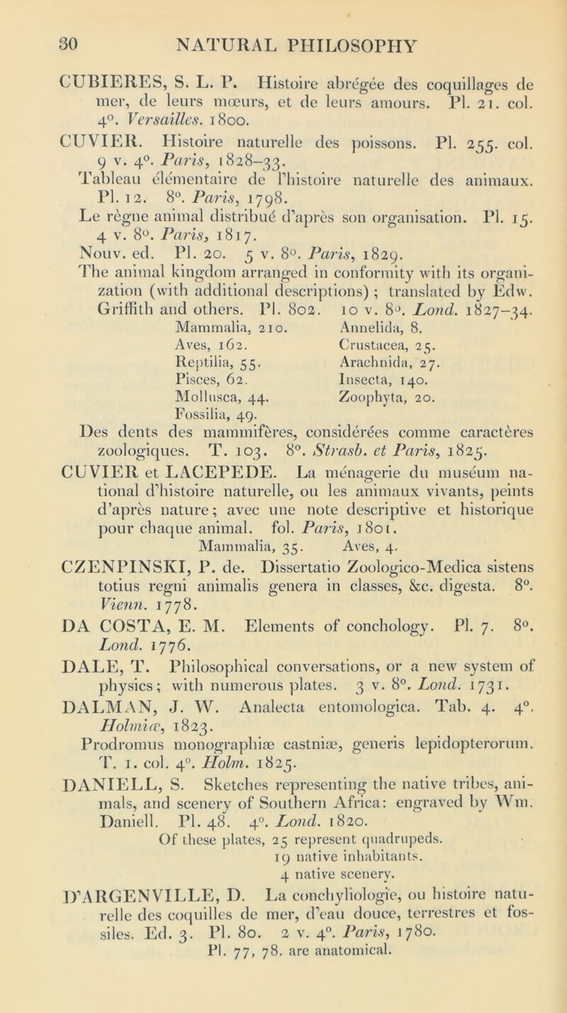 CUBIERES, S. L. P. Histoire ab regee des coquillages de mer, de leurs mceurs, et de leurs amours. PI. 21. col. 40. Versailles. 1800. CUVIER. Histoire naturelle des poissons. PI. 255. col. 9 v. 40. Paris, 1828-33. Tableau elementaire de l’histoire naturelle des animaux. PI. 12. 8°. Paris, 1798. Le regne animal distribute d’apres son organisation. PI. 15. 4 v. 8°. Paris, 181 7. Nouv. ed. PL 20. 5 v. 8°. Paris, 1829. The animal kingdom arranged in conformity with its organi- zation (with additional descriptions) ; translated by Edw. Griffith and others. PI. 802. 10 v. 8a. Pond. 1827-34. Mammalia, 210. Aves, 162. Reptilia, 55. Pisces, 62. Mollusca, 44. Fossilia, 49. Annelida, 8. Crustacea, 25. Arachnida, 27. Insecta, 140. Zoophyta, 20. Des dents des mammiferes, considerees comme caracteres zoologiques. T. 103. 8°. Strasb. et Paris, 1825. CUVIER et LACEPRDE. La menagerie du museum na- tional d’histoire naturelle, on les animaux vivants, peints d’apres nature; avec line note descriptive et historique pour chaque animal, fol. Paris, 1801. Mammalia, 35. Aves, 4. CZENPINSKI, P. de. Dissertatio Zoologico-Medica sistens totius regni animalis genera in classes, &c. digesta. 8°. Vienn. 1778. DA COSTA, E. M. Elements of conchology. PI. 7. 8°. Lond. 1776. DALE, T. Philosophical conversations, or a new system of physics; with numerous plates. 3 v. 8°. Lond. 1731. DALMAN, J. W. Analecta entomologica. Tab. 4. 40. Holmice, 1823. Prodromus monographic castnioe, generis lepidopterorum. T. 1. col. 40. Holm. 1825. DANIELL, S. Sketches representing the native tribes, ani- mals, and scenery of Southern Africa: engraved by Wm. Daniell. PI. 48. 40. Lond. 1820. Of these plates, 25 represent quadrupeds. 19 native inhabitants. 4 native scenery. D’ARGENVILLE, D. La conchyliologi'e, ou histoire natu- relle des coquilles de mer, d’eau douce, terrestres et fos- siles. Ed. 3. PI. 80. 2 v. 40. Paris, 1780. PI. 77, 78. are anatomical.