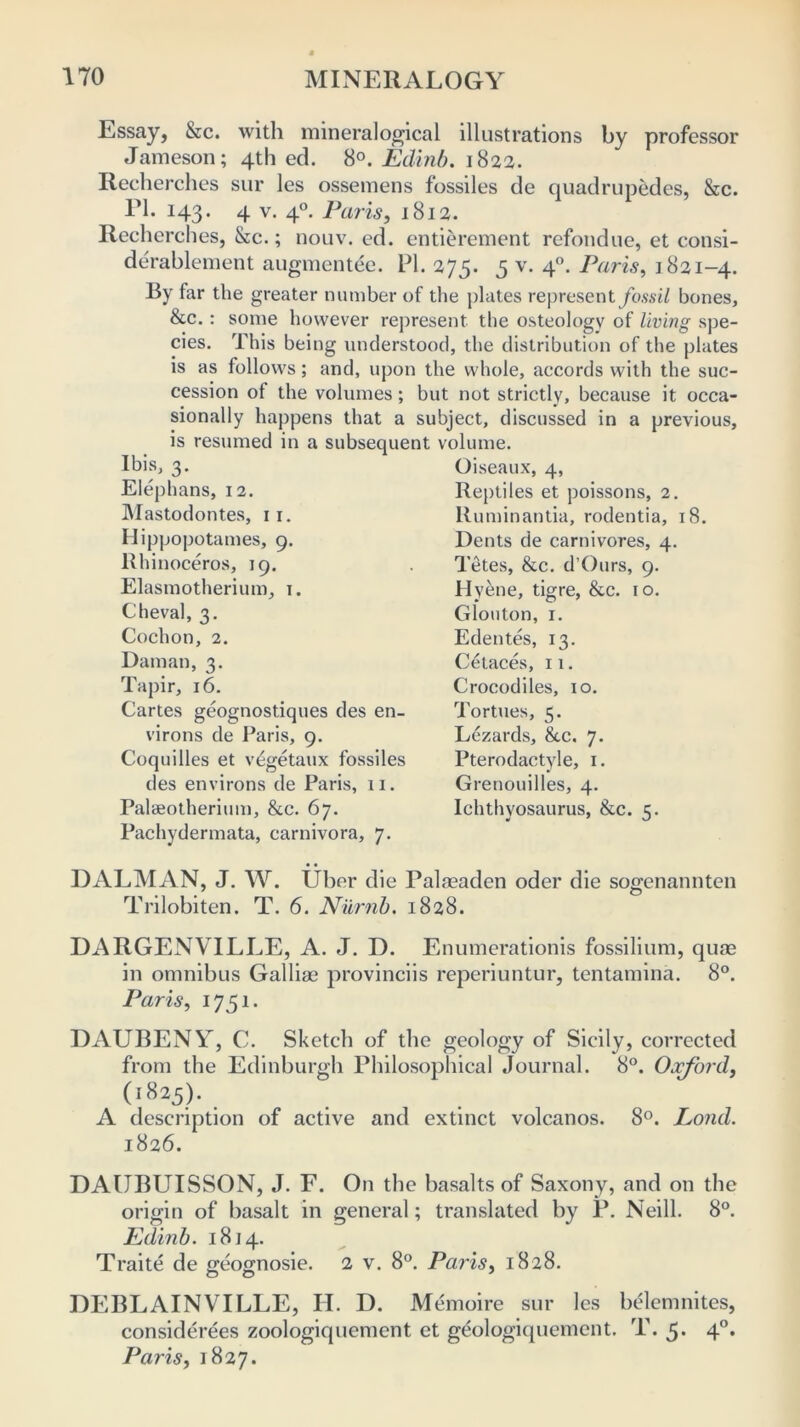 Essay, &c. with mineralogical illustrations by professor Jameson; 4th ed. 8°. Edinb. 1822. Recherches sur les ossemens fossiles de quadruples, &c. El. 143. 4 v. 40. Paris, 1812. Recherches, &c.; nouv. ed. entierement refondue, et consi- derablement augmentee. PI. 275. 5 v. 40. Paris, 1821-4. By tar the greater number of the plates represent fossil bones, &c.: some however represent the osteology of living spe- cies. This being understood, the distribution of the plates is as follows; and, upon the whole, accords with the suc- cession of the volumes; but not strictly, because it occa- sionally happens that a subject, discussed in a previous, is resumed in a subsequent volume. Ibis, 3. Elephans, 12. Mastodontes, 11. Hippopotames, 9. Rhinoceros, 19. Elasmotherium, 1. Cheval, 3. Cochon, 2. Daman, 3. Tapir, 16. Cartes geognostiques des en- virons de Paris, 9. Coquilles et v^getaux fossiles des environs de Paris, 11. Palaeotherium, &c. 67. Pachydermata, carnivora, 7. Oiseaux, 4, Reptiles et poissons, 2. Ruminantia, rodentia, 18. Dents de carnivores, 4. Tetes, &c. d’Ours, 9. Hyene, tigre, &c. 10. Glouton, 1. Edentes, 13. Ce laces, 11. Crocodiles, 10. Tortues, 5. Lezards, &c. 7. Pterodactyle, 1. Grenouilles, 4. Ichthyosaurus, &c. 5. DALMAN, J. W. Uber die Palaeaden oder die sogenannten Trilobiten. T. 6. Numb. 1828. DARGENVILLE, A. J. D. Enumerations fossilium, quae in omnibus Galliae provinciis reperiuntur, tentamina. 8°. Paris, 1751. DAUBENY, C. Sketch of the geology of Sicily, corrected from the Edinburgh Philosophical Journal. 8°. Oxford, (18 25)* . A description of active and extinct volcanos. 8°. Loud. 1826. DAUBUISSON, J. F. On the basalts of Saxony, and on the origin of basalt in general; translated by P. Neill. 8°. Edinb. 1814. Traite de geognosie. 2 v. 8°. Paris, 1828. DEBLAINVILLE, II. D. Memoire sur les belemnites, considerees zoologiquement et geologiquement. T. 5. 40. Paris, 1827.