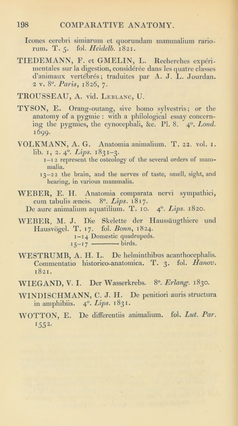 leones cerebri simiarum et quorundam mammalium rario- rum. T. 5. fob Heidelb. 1821. TIEDEMANN, F. et GMELIN, L. Recherehes experi- mentales sur la digestion, considdree dans les quatre classes d’animaux vertebres; tradnites par A. J. L. Jourdan. 2 v. 8°. Paris, 1826, 7. TROUSSEAU, A. vid. Leblanc, U. TYSON, E. Orang-outang, sive homo sylvestris; or the anatomy of a pygmie : with a philological essay concern- ing the pygmies, the cynocephali, &c. PI. 8. 40. Lond. 1699. VOLKMANN, A. G. Anatomia animalium. T. 22. vol. 1. lib. 1, 2. 40. Lips. 1831-3. i—i 2 represent the osteology of the several orders of mam- malia. 13-22 the brain, and the nerves of taste, smell, sight, and hearing, in various mammalia. WEBER, E. H. Anatomia comparata nervi sympathici, cum tabulis aeneis. 8°. Lips. 1817. De aure animalium aquatilium. T. 10. 40. Lips. 1820. WEBER, M. J. Die Skelette der Haussaugthiere und Hausvogel. T. 17. fol. Bonn, 1824. 1-14 Domestic quadrupeds. 1;5—r 7 birds. WESTRUMB, A. H. L. De helminthibus acanthocephalis. Commentatio historico-anatomica. T. 3. fol. Hanov. 1821. WIEGAND, V. I. Der Wasserkrebs. 8°. Erlang. 1830. WINDISCHMANN, C. J. H. De penitiori auris structura in amphibiis. 40. Lips. 1831. WOTTON, E. De differentiis animalium. fol. Lut. Par. J552-