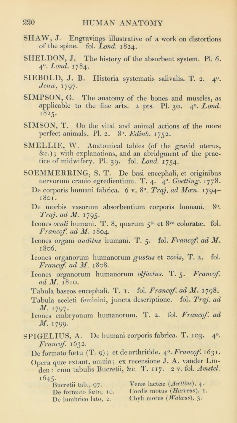 SHAW, J. Engravings illustrative of a work on distortions of the spine, fol. Loud. 1824. SHELDON, J. The history of the absorbent system. PI. 6. 4°. Loud. 1784. SIEBOLD, J. B. Historia systematis salivalis. T. 2. 40. Jencc, 1797. SIMPSON, G. The anatomy of the bones and muscles, as applicable to the fine arts. 2 pts. PI. 30. 40. Lond. 1:825. SIMSON, T. On the vital and animal actions of the more perfect animals. PI. 2. 8°. Edinb. 1752. SMELLIE, W. Anatomical tables (of the gravid uterus, &c.) ; with explanations, and an abridgment of the prac- tice of midwifery. PI. 39. fol. Lond. 1754. SOEMMERRING, S. T. De basi encephali, et originibus nervorum cranio egredientium. T. 4. 40. Goetting. 1778. De corporis humani fabrica. 6 v. 8°. Traj. ad Moon. T794- 1801. De morbis vasorum absorbentium corporis humani. 8°. Traj. ad M. 1795. leones ocidi humani. T. 8, quarum 5ta et 8va coloratae. fol. Franco/', ad M. 1804. leones organi auditus humani. T. 5. fol. Francof ad M. 1806. leones organorum humanorum gustus et vocis, T. 2. fol. Francof. ad M. 1808. leones organorum humanorum of actus. T. 5. Francof. ad M. 1810. Tabula baseos encephali. T. t. fol. Francof ad M. 1798* Tabula sceleti feminini, juncta descriptione. fol. Traj. ad M. 1797. leones embryonum humanorum. T. 2. fol. Francof ad M. 1799. SPIGELIUS, A. De humani corporis fabrica. T. 103. 40. Francof. 1632. De formato foetu (T. 9); et de arthritide. 40. Francof 1631. Opera qua; extant, omnia; ex recensione J. A. vander Lin- den : cum tabulis Bucretii, &c. T. 117. 2 v. fol. Amstel. 164 5. Bucretii tab., 97. Venye lacteae (Asellius), 4. De formato foetu, 10. Cordis motus (Harveus), 1. De lumbrico lato, 2. Chyli motus (Walaus), 3.