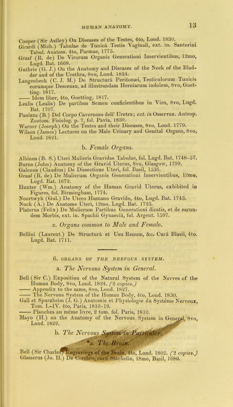 Cooper (Sir Astley) On Diseases of the Testes, 4to, Lond. 1830. Girardi (Mich.) Tabulae de Tunica Testis Vaginali, ext. in. Santorini Tabul. Anatom. 4to, Parmae, 1775. Graaf (R. de) De Virorum Organis Generationi Inservientibus, 12mo, Lngd. Bat. 1668. Guthrie (G. J.) On the Anatomy and Diseases of the Neck of the Blad- der and of the Urethra, 8vo, Lond. 1834. Lano-enbeck (C. J. M.) De Structura Peritonsei, Testiculorum Tunicis °eorumque Descensu, ad illustrandam Herniarum indolem, 8vo, Goet- ting. 1817. Idem liber, 4to, Goetting, 1817. Lealis (Lealis) De partibus Semen conficientibus in Viro, 8vo, Lugd. Bat. 1707. Panizza (B.) Del Corpo Cavernoso dell’ Uretra; ext. in Osservaz. Antrop. Zootom. Fisiolog. p. 7, fol. Pavia, 1830. Warner (Joseph) On the Testes and their Diseases, 8vo, Lond. 1779. Wilson (James) Lectures on the Male Urinary and Genital Organs, 8vo, Loud- 1821. b. Female Organs. Albinus (B. S.) Uteri Mulieris Gravidae Tabulae, fol. Lugd. Bat. 1748-57. Burns (John) Anatomy of the Gravid Uterus, 8vo, Glasgow, 1799. Galenus (Claudius) De Dissectione Uteri, fol. Basil, 1536. Graaf (R. de) De Mulierum Organis Generationi Inservientibus, 12mo, Lugd. Bat. 1672. Hunter (Wm.) Anatomy of the Human Gravid Uterus, exhibited in Figures, fol. Birmingham, 1774. Noortwyk (Gul.) De Utero Humauo Gravido, 4to, Lugd. Bat. 1743. Nuck (A.) De Anatome Uteri, 12mo. Lugd. Bat. 1723. Platerus (Felix) De Mulierum Partibus Generationi dicatis, et de earun- dem Morbis, ext. in. Spachii Gynaecia, fol. Argent. 1597. c. Organs common to Male and Female. Bellini (Laurent.) De Structura et Usu Renum, &c. Cura Blasii, 4to. Lugd. Bat. 1711. 6. ORGANS OF THE NERVOUS SYSTEM. a. The Nervous System in General. Bell (Sir C.) Exposition of the Natural System of the Nerves of the Human Body, 8vo, Lond. 1824. (2 copies.J Appendix to the same, 8vo, Lond. 1827. The Nervous System of the Human Body, 4to, Lond. 1830. Gall et Spurzheim (J. G.) Anatomie et Physiologie du Systeme Nerveux, Tom. I.-1V. 4to, Paris, 1810-19. Planches au meme livre, 2 tom. fol. Paris, 1810. Mayo (H.) on the Anatomy of the Nervous System in Geneml, 8vo, Lond. 1822. b. The Nervous System in Particular. *a. The Bruin. Bell (Sir Charle^^ngravings of the Brain, 4to, Lond. 1802. (2 copies.) Glasserus (Jo. II.) De Cerebro, cura Staehelin, 18mo, Basil, 1680.
