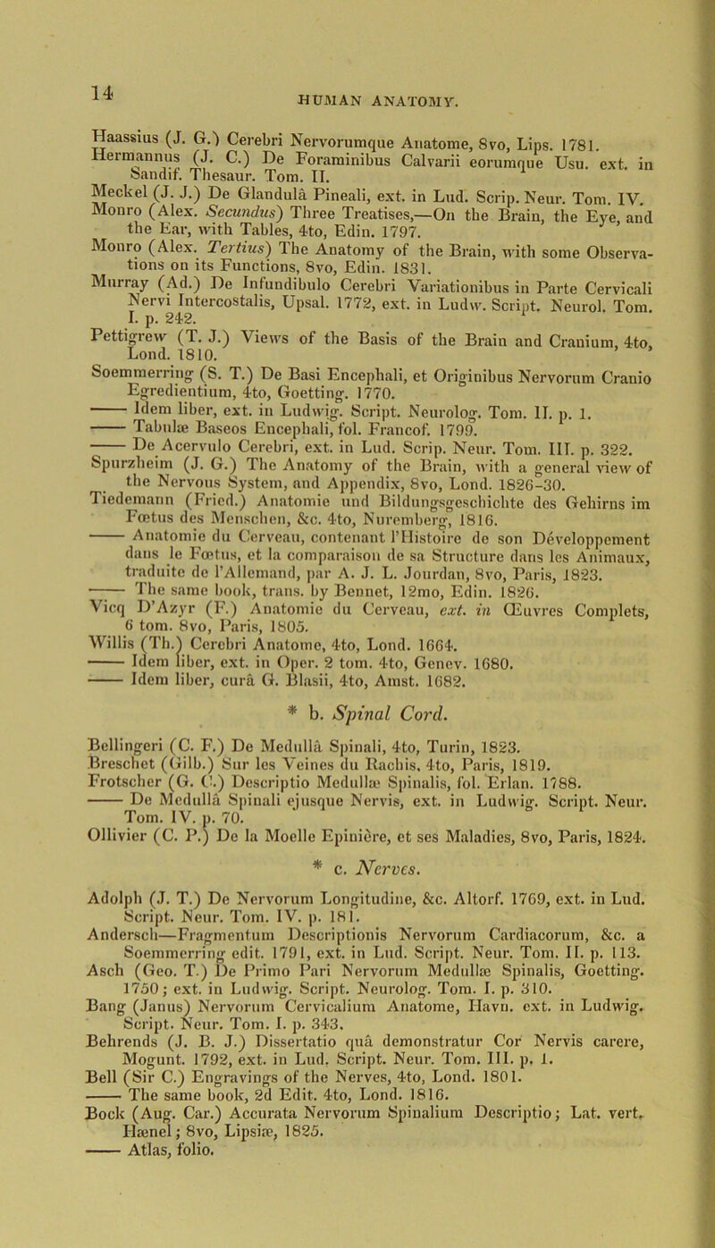 HUMAN ANATOMY. Haassius (J. G.) Cerebri Nervorumque Anatome, 8vo, Lips. 1781. Hermann us (J. C.) De Foraminibus Calvarii eorumque Usu. ext. in feandif. Thesaur. Tom. II. Meckel (J. J.) De Glandula Pineali, ext. in Lud. Scrip. Neur. Tom IV Monro (Alex. Secundus) Three Treatises,—Oji the Brain, the Eye, and the Ear, with Tables, 4to, Edin. 1797. Monto (Alex. Ter tins) Ihe Anatomy of the Brain, with some Observa- tions on its Functions, 8vo, Edin. 1831. Murray (Ad.) De Infundibulo Cerebri Variationibus in Parte Cervicali Nervi Intercostalis, Upsal. 1772, ext. in Ludw. Script. Neurol. Tom I. p. 242. 1 Pettigrew (T. J.) Views of the Basis of the Brain and Cranium, 4to, Lond. 1810. Soemmerring (S. T.) De Basi Encephali, et Originibus Nervorum Cranio Egredientium, 4to, Goetting. 1770. Idem liber, ext. in Ludwig. Script. Neurolog. Tom. II. p. 1. Tabula? Baseos Encephali, fol. Francof. 1799. De Acervulo Cerebri, ext. in Lud. Scrip. Neur. Tom. III. p. 322. Spurzheim (J. G.) The Anatomy of the Brain, with a general view of the Nervous System, and Appendix, 8vo, Lond. 1826-30. Tiedemann (Fried.) Anatomie und Bildnngsgeschichte des Gehirns im Foetus des Menschen, &c. 4to, Nuremberg, 1816. Anatomie du Cerveau, contenant l’Histoire de son Developpement dans le Foetus, et la comparaison de sa Structure dans lcs Animaux, traduite de l’Allcmand, par A. J. L. Jourdan, 8vo, Paris, 1823. —-— The same book, trans. by Bonnet, 12mo, Edin. 1826. Vicq D’Azyr (F.) Anatomic du Cerveau, ext. in CEuvres Complets, 6 tom. 8vo, Paris, 1805. Willis (Th.I Cerebri Anatome, 4to, Lond. 1664. Idem liber, ext. in Oper. 2 tom. 4to, Genev. 1680. Idem liber, cura G. Blasii, 4to, Amst. 1682. * b. Spinal Cord. Bellingeri (C. F.) De Medulla Spinali, 4to, Turin, 1823. Breschet (Gilb.) Sur lcs Veines du Rachis. 4to, Paris, 1819. Frotschcr (G. Cl.) Descriptio Medulla1 Spinalis, fol. Erlan. 1788. De Medulla Spinali eiusque Nervis, ext. in Ludwig1. Script. Neur. Tom. IV. p. 70. Ollivier (C. P.) De la Moclle Epiniere, et ses Maladies, 8vo, Paris, 1824. * c. Nerves. Adolph (J. T.) De Nervorum Longitudine, &c. Altorf. 1769, ext. in Lud. Script. Neur. Tom. IV. p. 181. Andersch—Fragmentum Descriptions Nervorum Cardiacorum, &c. a Soemmerring edit. 1791, ext. in Lud. Script. Neur. Tom. II. p. 113. Asch (Geo. T.) De Primo Pari Nervorum Medullae Spinalis, Goetting. 1750; ext. in Ludwig. Script. Neurolog. Tom. I. p. 310. Bang (Janus) Nervorum Cervicalium Anatome, Havn. ext. in Ludwig. Script. Neur. Tom. I. p. 343. Belirends (J. B. J.) Dissertatio qua demonstratur Cor Nervis carere, Mogunt. 1792, ext. in Lud. Script. Neur. Tom. III. p. 1. Bell (Sir C.) Engravings of the Nerves, 4to, Lond. 1801. The same book, 2d Edit. 4to, Lond. 1816. Bock (Aug. Car.) Accurata Nervorum Spinalium Descriptio; Lat. vert. Llaenel; 8vo, Lipsire, 1825. Atlas, folio.