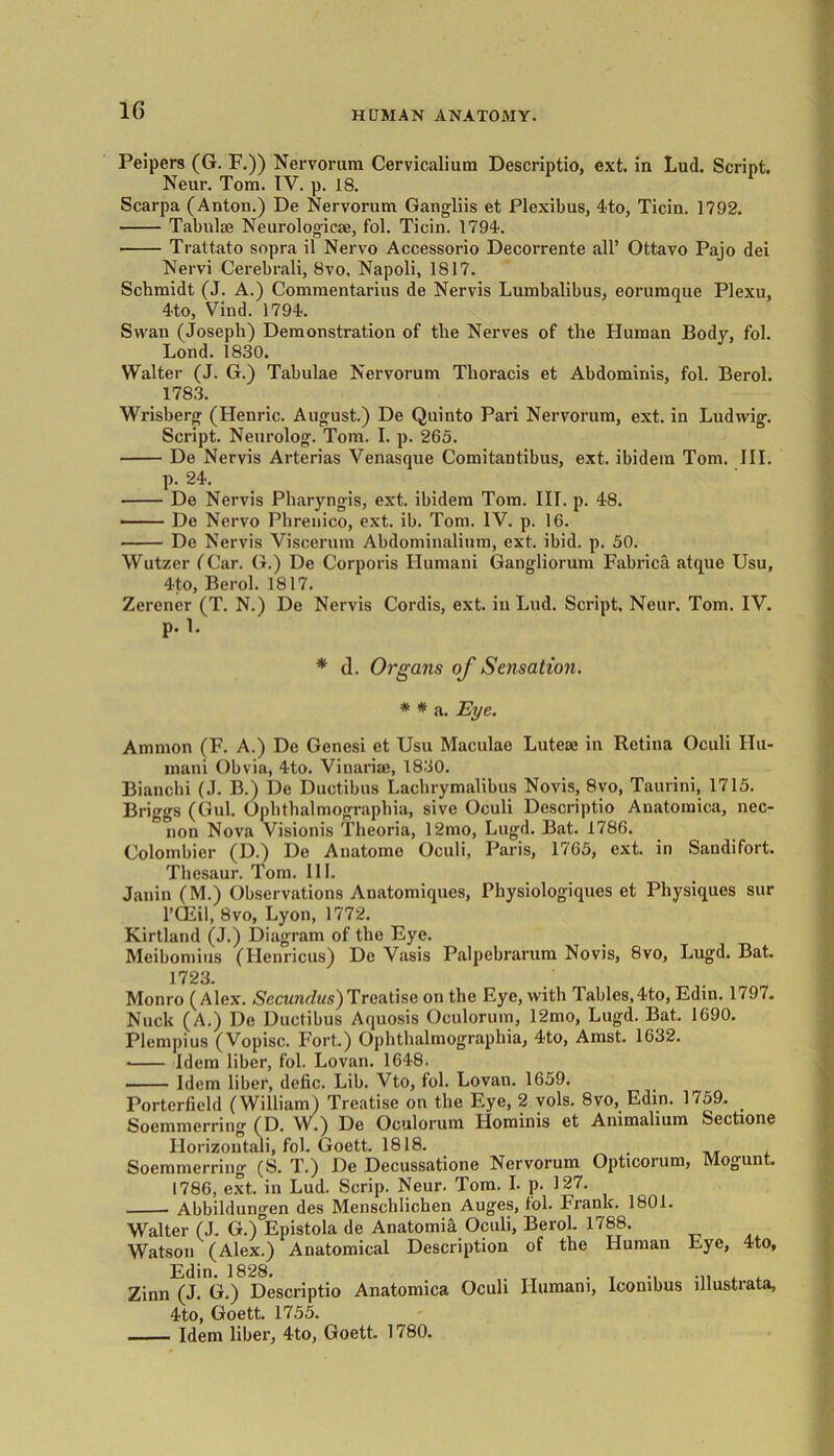 Peipers (G. F.)) Nervorum Cervicalium Descriptio, ext. in Lud. Script. Neur. Tom. IV. p. 18. Scarpa (Anton.) De Nervorum Gangliis et Plexibus, 4to, Ticin. 1792. Tabulae Neurologies, fol. Ticin. 1794. Trattato sopra il Nervo Accessorio Decorrente all’ Ottavo Pajo dei Nervi Cerebrali, 8vo, Napoli, 1817. Schmidt (J. A.) Commentarius de Nervis Lumbalibus, eorumque Plexu, 4to, Vind. 1794. Swan (Joseph) Demonstration of the Nerves of the Human Body, fol. Lond. 1830. Walter (J. G.) Tabulae Nervorum Thoracis et Abdominis, fol. Berol. 1783. Wrisberg (Henric. August.) De Quinto Pari Nervorum, ext. in Ludwig. Script. Neurolog. Tom. I. p. 265. De Nervis Arterias Venasque Comitautibus, ext. ibidem Tom. III. p. 24. De Nervis Pharyngis, ext. ibidem Tom. III. p. 48. • De Nervo Phrenico, ext. ib. Tom. IV. p. 16. De Nervis Viscerum Abdominalium, ext. ibid. p. 50. Wutzer (Car. G.) De Corporis Humani Gangliorum Fabrica atque Usu, 4to, Berol. 1817. Zerener (T. N.) De Nervis Cordis, ext. in Lud. Script, Neur. Tom. IV. p. 1. * (1. Organs of Sensation. * * a. Eye. Ammon (F. A.) De Genesi et Usu Maculae Lutes in Retina Oculi Illi- mani Obvia, 4to. Vinaris, 1830. Bianchi (J. B.) De Ductibus Lachrymalibus Novis, 8vo, Taurini, 1715. Briggs (Gul. Ophthalmographia, sive Oculi Descriptio Anatomica, nec- non Nova Visionis Theoria, 12mo, Lugd. Bat. 1786. Colombier (D.) De Anatome Oculi, Paris, 1765, ext. in Sandifort. Thesaur. Tom. III. Janin (M.) Observations Anatomiqucs, Physiologiqucs et Physiques sur l’CEil, 8vo, Lyon, 1772. Kirtland (J.) Diagram of the Eye. Meibomius (Henricus) Do Vasis Palpebrarum Novis, 8vo, Lugd. Bat, 1723. Monro (Alex. Secundus')Treatise on the Eye, with Tables,4to, Edin. 1797. Nuck (A.) De Ductibus Aquosis Oculorum, 12mo, Lugd. Bat. 1690. Plempius (Vopisc. Fort.) Ophthalmographia, 4to, Amst. 1632. • Idem liber, fol. Lovan. 1648. Idem liber, defic. Lib. Vto, fol. Lovan. 1659. Porterfield (William) Treatise on the Eye, 2 vols. 8vo, Edin. 1759. Soemmerring (D. W.) De Oculorum Hominis et Ammalium Sectione Horizontal, fol. Goett. 1818. . Soemmerring (S. T.) De Decussatione Nervorum Opticorum, Mogunt 1786, ext. in Lud. Scrip. Neur. Tom. I. p. 127. Abbildungen des Menschlichen Auges, fol. Frank. 1801. Walter (J. G.) Epistola de Anatomia Oculi, Berol. 1788. Watson (Alex.) Anatomical Description of the Human Eye, 4to, Edin. 1828. . .. ... Zinn (J. G.) Descriptio Anatomica Oculi Humani, lcombus ulustrata, 4to, Goett. 1755. Idem liber, 4to, Goett. 1780.