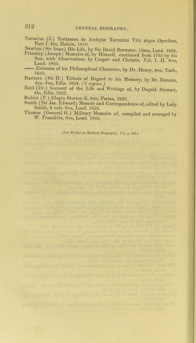 GENERAL BIOGRAPHY. Navarrus (J.) Tentamen de Archytae Tarentini Vita at quo Operibus, Pars I. 4to, Hafniee, 1819. Newton (Sir Isaac) His Life, by Sir David Brewster, 12mo, Lond. 1S3G. 1 riestley (Joseph) Memoirs of, by Himself, continued from 1795 by his Son, with Observations by Cooper and Christie, Vol. I. II. 8vo Lond. 1805. Estimate of his Philosophical Character, by Dr. Henry, 8vo, York, 1832. Raeburn (Sir H.) Tribute of Regard to his Memory, by Dr. Duncan Seti. 8vo, Edin. 1824. (2 copies.) Reid (Dr.) Account of the Life and Writings of, by Dugald Stewart 4to, Edin. 1803. Rubini (P.) Elogio Storico di, 8vo, Parma, 1822. Smith (Sir Jas. Edward) Memoir and Correspondence of, edited by Lady Smith, 2 vols. 8vo, Lond. 1832. I bom as (General G.) Military Memoirs of, compiled and arranged by W. Francklin, 8vo, Lond. 1805. (For Works on Medical Biography, Vid. p. 209.)