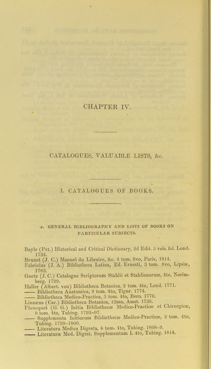 CATALOGUES, VALUABLE LISTS, &c. I. CATALOGUES OF BOOKS. A. GENERAL BIBLIOGRAPHY AND LISTS OF BOOKS ON PARTICULAR SUBJECTS. Bayle (Pet.) Historical and Critical Dictionary, 2d Edit. 5 vols. fol. Loud. 1734. Brunet (J. C.) Manuel du Libraire, &c. 4 tom. 8vo, Paris, 1814. Fabricius (J. A.) Bibliotheca Latina, Ed. Ernesti, 3 tom. 8vo, Lipsiae, 1783. Goetz (J. C.) Catalogus Scriptorum Stahlii et Stalilianorum, 4to, Konm- berg. 1729. Ilaller (Albert, von) Bibliotheca Botanica, 2 tom. 4to, Lond. 1771. Bibliotheca Anatomica, 2 tom. 4to, Tigur. 1774. Bibliotheca Medico-Practica, 3 tom. 4to, Bern. 177G. Linnaeus (Car.) Bibliotheca Botanica, 12mo, Amst. 1736. Ploucquet (G. G.) Initia Bibliothecas Medico-Practica; et Cliirurgicse, 8 tom. 4to, Tubing. 1793-97. Supplementa lnitiorum Bibliotheca; Medico-Practicce, 2 tom. 4to, Tubing. 1799-1800. Literatura Medica Digcsta, 4 tom. 4to, Tubing. 1808-9.