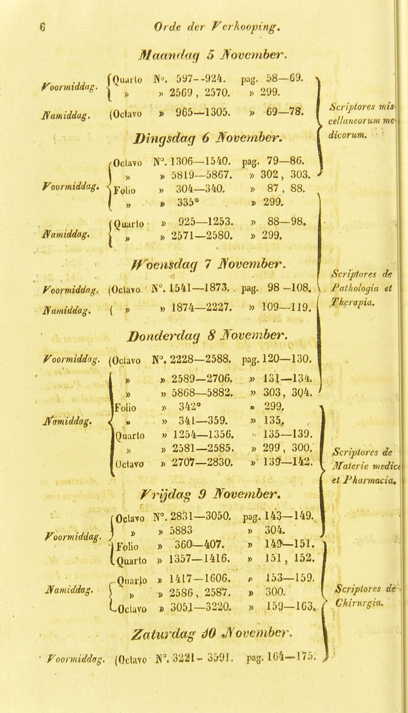 31acm(lag 5 Movemher. f^oomiddag. JVamiddag. Foomiddag, Jifamiddag. Foomiddag. Namiddag. • Voomiddag. Jffamiddag. fQuaiio JV'. 5y7- I » » 2569, (Oclavo » 965- Dingsdag ^Oclavo NM306- 1 » » 5819- irolio JQuatio » 304—340. » 335« » 925—1253. » 2571—2580. -924. jKijj. 58—69. 2570. » 299. -1305. » 69—78. 6 JVovember. -1540. pag. 79— -5867. » 302, » 87, » 299. Scriptores mis' celluneorum me- dicorum. » 88— » 299. 86. 303. 88. 98. ^oensdag 7 JSovember. (Oclavo ]V°. 1541—1873.. pag. 98 -108. \ » 1874—2227. » 109—119. Donderdag 8 J\'ovember. (Oclavo r. 2228—2588. 120—130. i ^ 2589-2706. » 131—134. 1 » 5868—5882. » 303, 3Q4. jFolio » 342* D 299. < » . » 341—359. » 135, jQnarlo » 1254—1356. 135—139. 1 » » 2581—2585. » 299, 300. 1 Octavo » 2707—2830. » 139r—142. Scriptores de Patholoqia ei Thcrapia. ]Fr '0dag 9 JVovember» Scrlptores de Materie media et Pkannacia, Foormiddag. Namiddttg. fOclayo r. 2831—3050. pag. 143-149 J » » 5883 jFolio » 360-407. iQuarto » 1357—1416. ^Qiiarlo » 1417—1606. j » » 2586, 2587. Loclavo » 305.1—3220. » 304. » 149--151. » 151, 152. /> 153—159. » 300. » 159—163. Scripiores de Chirurgia. Zaturdag dO JS ovemher. Foormiddag, (Oclavo r. 3221- 3i>91. pag. 104—175.