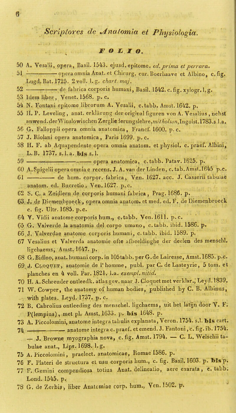 0 Scriptores de n^nalomla et Phtjsiologia. IP O JL I O. 50 A. Vesalii, opera, Basil. 1543. ejusd.epitorae. ed.prima etperrara, 51 operaomnia Anat. et Chirurg. cur. Boerliaave et Albino, c.fig. Lugd.Bat. 1725. 2volI. I. g. chart.maj. 52 ■ de fabrica corporis humani, Basil, 1542. c. fig. xylogr. l,g. 53 Idera liber , Venet. 1568. p. c. 54 N. Fontani epitome librorum A. Vesalii, c.tabb. Amst. 1642. p. 55 H. P. Leveling, anat. erklarung der original figuren von A. Vesalius , nebst anwend.dei-WinslowischenZiergHederungslehre,/«iVAo/s5«,Ingolst.l783.s.l.a. 56 G. Falloppii opera omnia anatomica, Francf. 1600. p.c. 57 J. Biolani opera anatomica, Paris 1699. p. c. 58 H. F, ab Aquapendente opera omnia anatora. et physiol. c. praef. Albini, ; . L.B. 1737. s. 1. a. bls s. 1. 59 — — opera anatomica, c.tabb. Patav. 1625. p. 60 A.Spigelii opera omnia e recens. J. A. van der Linden, c, tab.Amst.I645 p.c. 61 • de hum. corpor. fabrica, Ven. 1627. acc. J. Casserii tabulae anatom. ed, Bucretio, Ven»1627. p.c, 62 S. C, a Zeidlern de corporis humani fabrica, Prag, 1686, p. 63, J. de Diemenbroeck, opera omnia anatom. et med, ed. F. de Diemenbroeck c. fig, Ultr. 1685. p.c. 64 V. Vidii anatome corporis hum., c.tabb. Ven.1611. p.c. 65 G. Valverde la anatomia del corpo umano, c.tabb. ibid. 1386. p. 66. J. Valverdae anatome corporis humani, c.labb. ibid, 1589, p, 67 Vesalius et Valverda anatomie ofte afbeeldinghe der deelen des menschl. ligchaems, Amst. 1647. p. 68 G.Bidloo, anat. huraanicorp.in 105tabb. per G,de Lairesse, Amst,1685, p,c. 69 J, Cloqvkt, anatomie de i'homme, publ. par C. de Lasteyrie, 5 tom. etr planches en 4 voll. Par. 1821. l.a. eje//2/?/. «//«V/. 70 H. A. Schreuder ontleedk. atlas gev. naar J. Cloquetmet verklaif.,' Ley3.1839. 71 W. Cowper, the anatomy of human bodies, published by C. B. Albinus, wilh plates. Leyd. 1737. p. c. 72 B. Cabrolius ontleeding des menschel. ligchaems, uit het latijn door V. F. P(lempius), met pl. Arast, 1633. p. bis 1648. p. 73 A. Piccoloraini, anatome integra tabulis explanata, Veron. 1754. s,I. Ms cart. 74^ anatome integia c, praef, et emend. J. Fantoni, c, fig, ib. 1754. — J. Browne myographia nova, c. fig. Amst. 1794. — C. L. Welschii ta- bulae anat., Lips. 1698. l.g. 75 A. Piccoloniini, praelect. anatomicae, Roraae 1586. p. 76 F. Plateri de struclura et usu corporis hum., c, fig. Basil. 1603. p, l»ls p. 77 F. Gemlni compendiosa tolius Anat. delinealio, aere exarata, c. tabb. Lond.1545. p. 78 G. de Zcrbis , liber Analomiae corp. hum,, Ven. 1502. p.