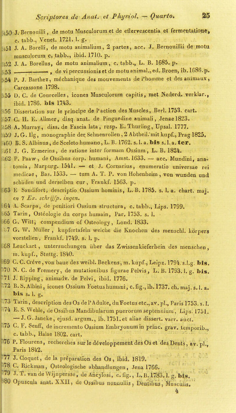 150 J. Bernouilli, de motu Musculorum et de efierrescentia et fermentatione^ c. tabb., Venet. 1721. 1. g. 151 J. A. Borelli, de motu animaliura, 2 partes, acc. J. Bernouillii de motu musculorum c. tabb., ibid. 1710. p. 5i52 J. A. Borellus, de motu animalium, c. tabb., L. B. 1685. p. j;53 I «, de vi percussioniset de motuanima].,ed. Broen, ib. IfiSfi.p. >i54 P. J. Barthez, mechanique des mouvemeuls de l'homme et desanimaux, Carcassone 1798. ^55 D. C. de Courcelles, icones Musculorum capitis, met Nederd. verklar., ibid. 1786. liis 1743. M56 Dissertation sur le principe de l'action desMuscIes, Berl, 1753. carl. '■>hl C. H. E. Allmer, disq anat. de Pinguedine aniraali, Jenae 1823. :58 A. Murray , diss. de Fascia lata, resp. E.Thurling, Upsal, 1777. 159 J. G. llg, monographie dei; Sehnenrollen, 2 Abtheil.mit kupf,, Prag 1825. 160 B. S. Albinus, de Sceleto humano, L. B. 1762, s. 1. a. bls s. 1. a. ter. 161 J. G. Ermerins, de vatione inter forraam Ossium, L. B. 1824. 162 P. Paaw , de Ossibus corp. humani, Anist. 1633. — acc. Mundini, ana- toraia, Marpurg. 1541. — et J. Cornarius, enuraeratio universae rei medicae, Bas. 1533. — tum A. T. P. von Hohenheim, von wunden und schaden und derselben cur, Frankf. 1563. p. 5.63 E Sandifort, descriptio Ossium hominis, L. B. 1785. s. 1. a. chart. maj. en 7 Ex. schr ijfp. ingen. )6.4 A. Scarpa, de penitiori Ossium structura, c. tabb., Lips. 1799. t).65 Tarin, Osteologie du corps humain, Par. 1753. s. 1. I)i66 G. Witt, compendium of Osteology, Lond, 1833. u7 G. W. Miiller , kupfertafeln welche die Knochen des menschl. korpers vorstellen, Frankf. 1749. s. 1. p. l;68 Leuckart, untersuchungen iiber das Zwissenkieferbein des menschen, m. kupf., Stuttg. 1840. )!69 C. C. Cr^ve, von baue des weibl. Beckens, m. kupf., Lelpz. 1794. s.l.g. Ms. i70 N, C, de Fremery, de mutalionibus figurae Pelvis, L. B. 1793.1. g, bis. '71 J. Ripping, animadv. de Pelvi, ibid. 1776. ;72 B. S.Albini, icones Ossium Foetus humani, c.fig.,ib. 1737. ch. maj. s. I. a. Ms s. 1. g. ■^73 Tarin, description des Os de PAduIte, duFoetus etc.,av. pl,, Paris 1753. s. I. ■:74 E. S. Wehle, de Ossibus Mandibularum puerorura seplennium, Lips. 1751. — J.G,Jancke, ejusd. argum,, ib. 1751.et aliae dissert. varr. aucl. '.76 C, t. SenfF, de incremento Ossium Kmbryonumin princ. grav. lemporib., c. tabb,, Halae 1802. cart. iflr6 P. Flourens, recherches sur le ddveloppemeht des Os et desDents, av.pl. Paris 1842. ''77 J, Cloquet, de la pr^paralion des Os, ibid. 1819. 78 C. Rickman, Osteologische abhandlungen, Jena 1766. : 79 J. T. vandeWijnpersse, de Ancylosi, c.fig., L. U. 1783.1. g. bis. 80 Opuscula anat. XXII, dc Ossibus nonuuliis, Denlibus, Musculis, ' 4