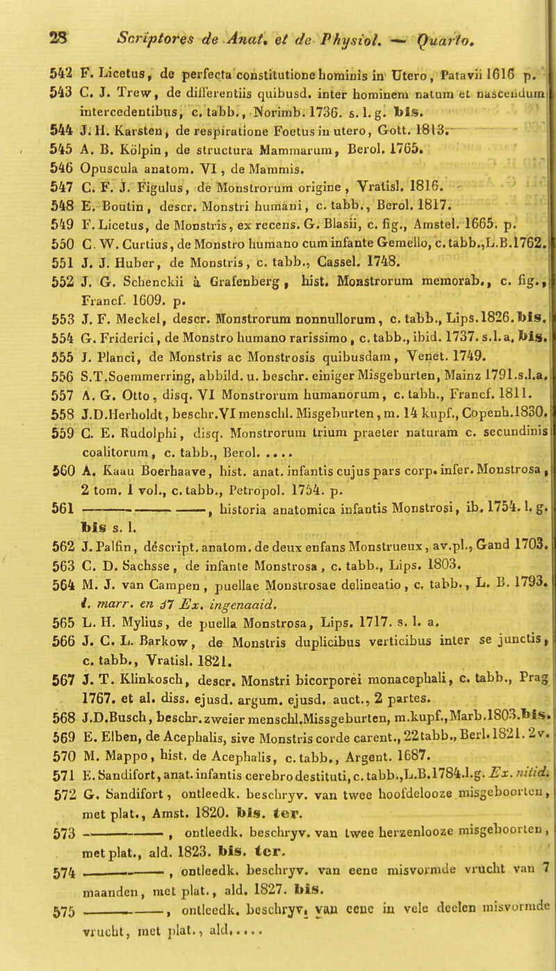 542 F. Licetus, de perfecta constitutionehomiDis in'Utero, Patavii 1616 p. 543 C. J. Trew, de dillerentiis cjuibusd. inter hominem nalura et nascL-udumi intercedentibus, c,tal)b., Norimb. 1736. s. 1. g. Ibis. 544 J;H. Karsten, de respiratione Foetus iu utero, Gott. 1813;- 545 A, B. Kolpin, de structura Mammarum, Berol, 1765. 646 Opuscula anatom. VI, de Mammis. 547 C. F. J. Figulus, de Monstrorum origine , Vratisl. 1816. - ! 548 E, Boutin, descr. Monstri humani, c. tabb., Berol. 1817. 549 F.Licetus, de Monstris, ex recens. G. Blasii, c. fig., Amstel. 1665. p. 550 C. W. Curtius, de Monstro humano cuminfante Gemello, c.tabb.,L.B.1762.i 551 J. J. Huber, de Monstris, c. tabb., Cassel. 1748. ; 552 J. G. Schenckii a Grafenberg , hist, Monstrorura meraorab,, c. fig.»! Francf. 1609. p. i 553 J. F. Meckel, descr. Monstrorura nonnullorum, c. tabb., Lips.1826.lbfs, 554 G. Friderici, de Monstro humano rarissimo, c. tabb., ibid. 1737. s.l.a, Ibis. 555 J. rianci, de Monstris ac Monstrosis quibusdam, Venet. 1749. 556 S.T.Soemmerring, abbild. u. beschr. einiger Misgeburten, Mainz 1791.s.l,a. 557 A. G. Otto, disq. VI Monstrorum humanorum, c. tabh,, Francf. 1811. 558 J.D.Herholdt, beschr.VI menschl. Misgehurten, m. 14 kupf., Copenh.1830. J 559 C. E. Rudoiphi, disq. Monstrorura Iriura praeter naturam c. secundinis i coaUtorum, c. tabb., Berol 560 A. Kaau Boerhaave, hist. anat. infantis cujus pars corp. infer. Monstrosa , 2 tom. 1 vol., c. tabb., Petropol. 1754. p. 561 — , historia anatomica infantis Monstrosi, ib. 1754.1. g. bis s. 1. 562 J. Palfin, d^script. analom. de deux enfans Monstrueux, av.pl., Gand 1703. 563 C. D. Sachsse, de infante Monstrosa, c. tabb., Lips. 1803. 564 M. J. van Campen , puellae Monstrosae delineatio, c. tabb., L. B. 1793, marr. en d7 Ex. ingenaaid. 565 L. H. Mylius, de puella Monstrosa, Lips. 1717. s, 1. a. 566 J. C. L. Barkow, de Monslris dupUcibus verticibus inter se junctis, c. tabb., Vratisl. 1821. 567 J. T. Klinkosch, descr. Monstri bicorporei monacephali, c. tabb., Prag 1767. et al. diss. ejusd. argura. ejusd. auct., 2 partes. 568 J.D.Busch, beschr.zweier menschl.Missgeburten, m.kupf.,Marb.l803.1>fS. 569 E. Elben, de Acephalis, sive Monstris corde carent., 22tabb., Berl. 1821.2 v. 570 M. Mappo, hist. de Acephalis, c. tabb., Argent. 1687. 571 E. Sandifort, anat. infantis cerebrodestituti, c. tabb.,L.B.1784.1.g. Ex. nitid.' 572 G. Sandifort, ontleedk. beschryv, van twee hoofdelooze misgeboortcn, metplat., Amst. 1820. bis. ter. 573 , ontleedk, beschryv. van Iwee herzenlooze misgeboorten , metplat,, ald. 1823. bis, tcr. 574 . , ontleedk. beschryv. van eene misvorrade vrucht vau 7 maanden, nietplat., ald. 1827. liis. 575 , ontlcedk. beschryv, yan eeuc in vele declen misvormde vrucbt, met plal,, ald,.,.,