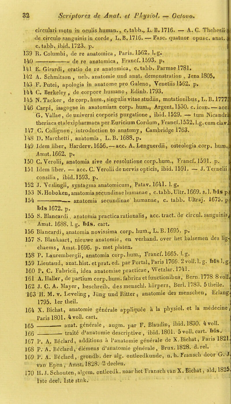 circulari motu in oculls human., c.tabb., L. B. 1716. — A. C. Thehosii \ cle circulo sanguinisin corde, L.B.1716. — Fasc. quatuor opusc. anal. c. tabb. ibid. 1723. p. 139 R. Columbi, de re anatoraica, Paris.1562. I.g, 140 ■ - de re anatomica, Francf. 1593. p, j 141 E. Girardi, otatio de re anatomica, c. tabb. Parmae 1781. 142 A. Schmltson , ueb. anatomie und anat. demonstration , Jena 1805. 143 F. Putei, apologia in anatome pro Galeno, Venetiis 1562. p, 144 C. Berkeley , de corpore humano, Edinb, 1793. 145 N. Tacker, decorp. hura.,singulisvitaestudiis, mutationibus, L. B. 17771 146 Carpi, isagogae in anatomiam corp. hura., Argent. 1530. c. icon. — accl G. Vallae, de universi corporis purgatione , ibid. 1529. — tum Nicandrl theriaca etalexipharraaca per Euricium Cordum, Francf.1532.1.g. cura clavli 147 C. Collignon, introduction to anatomy, Cambridge 1763. 148 D. Marchetti, anatomia , L. B. 1688. p. 149 Idera liber, Harderv. 1656. — acc. A. Lenguerdii, osteologia corp. hum., Amst. 1662. p. 150 C. Verolii, anatomla sive de resolutione corp.hura., Francf. 1591. p. 151 Idera liber. — acc. C. Verolii de nervis opticis, ibid. 1591. — J. Ternelii consilia, ibid.1593. p. 152 J. Veslingii, syntagma anatomicum, Patav. 1641. 1. g, 153 N.Hoboken, anatomia secundinaehumanae , c.tabb.TJllr. 1669. s.l. Ijis p 154 —— anatomia secundinae humanae, c. tabb. Ultraj. 1675. p l>is 1672. p. 155 S. Blancardi, anatomia practicarationalis, acc.tract.de circul. sanguinis j ' Amst. 1688. I. g. Ms. cart. 156 Blancardi, anatomia novissima corp. hura., L. B.1695. p. 157 S. Blankaart, nieuwe anatomie, en verband. over het balsemen des lig- chaeras, Amst.1696. p. met platen. 158 P. Laurembergii, anatomia corp.hum,, Francf. 1665. l.g. 159 Lieutaud, anat.hist. etprat. ed. par Portal, Paris 1766. 2 voII.I. g. Msl.g 160 P. C. Fabricii, idea anatomiae praclicae, Wetzlar. 1741. 161 A.Haller, de partiura corp.hum. fabrica etfunctionibus, Bern. 1778.8voll^ 162 J. C. A. Mayer, beschreib. des menschl. korpers, Berl. 1783. Slheiie. J 163 H. M. V. I.eveling, Jiing und Ritter, anatomie des menschen, Erlang ^ 1795. ler theil. ^ 164 X. Bichat, anatoraie g^nerale appliquce a la physiol. et la medecine, Paris 1801. 4volI. cart. 165 , anat. generale , augm. par F. Blaudin, ibid. 1830. 4voll. 166 , traite d'anatomie descriptive , ibid. 1801, 5voIl.cart. bis. 167 P. A. ndclard, additions a 1'anatomie generale de X.Bichat, Pans 1821, 168 P. A. Bdclard,^lemens d'analomie g^nerale, Brux. 1828. d.rel. 169 P. A. Bcclard, grondb. der alg. ontleedkunde, u. h. Fransch door G. J Van Epen ,'Amst. 1828. 2 deelen. ^ 170 H.J. Schouten,algera. onlleedk. naar het Fransch van X. Bicbat, ald. 1825, Isle deel. Iste stuk. * l-'^ •