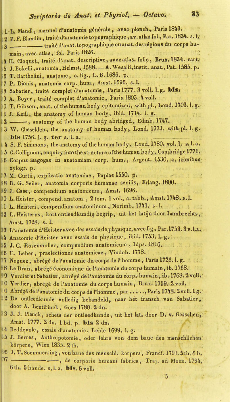 L L. Mandl, manuel d'anatopii8 g^nerale, avec planch., Paris 1843. i 2 P. F. Blandin, trail^ d'anatomie topographique , av. atlas fol., Par. 1834. s. 1.- j , trait^ d'anat.lopographiqueouanat.desrigions du corps hu- main^avec atlas, fol. Paris 1826. ,4 H. eioquet, trait^ d'anat. descriptive, avecatlas. folio, Brux. 1834. carlv i5 J. Bokelii,anatomia,Helmsl. 1588, —A.Wesa]ii,instit. anat.,Pat. 1585. p. i5 T. Bartholini, anatome , c. fig., L.B. 1686. p. 'v 7 P. Dionis, anatomia corp. hum., Amst. 1696. s. 1. !3 Sabatier, trait^ complet d'anatomie, Paris l777. 3 voll. l.g. bfSj 19 A. Boyer, traite complet d'anatomie, Paris 1803. 4voIl. 10 T. Gibson , anat. of thehumanbody epitomized, with pl,, Iiond. 1703.1. g. i J. Keill, the anatomy of human body, ibid. 1714. 1. g. ;2 . -, anatomy of the human body abridged, Edinb. 1747. 3 W. Cheselden, the anatomy of human body, Lond. 1773. wilh pl. 1. g. Ws 1756.1. g. ter s. 1. a. . _ 14 S, F.Simmons, theanatomy of thehumanbody, Lond. 1780. vol. l. s.l.a. > 5 C.ColIignon, enquiry into the strncture.of the human body, Cambridge 1771. »6 Corpus isagogae in anatomiam corp. bum., Argent. 1530. c. icbnibus xylogr. p. 17 M. Curtii, explicatio anaitomiae, Papiae 1550. p. 18 B. G.Seiler, anatomia corporis humanae senilis, Erlang, 1800. 19 J. Case, compendium anatoniicum, Amst. 1696. )0 L.Heister, compend. anatom.j 2tom. 1 vol., c. tabb., Amst. 1748. 5.1. 11 L. Heisteri, compendium anatomicum , Norimb. 1741. s. 1. 12 L. Heisterus, kort cntleedkundig begrip, uil het iatijn door Lambrechls, Amst. 1728. s. 1. 33 L'anatomie d'Heisteravec des essaisde physique, avecfig., Par.l753.3v.Lai: - ^4 Anatomie d'Heister avec essais de physique, ibid. 1753. 1. g. &5 J. C. Rosenmuller, compendium anatomicum , Iiips. 1816. 56 F. Leber, praelectiones anatomicae, Vindob. 1778. /7 Noguez, abr^g^ del'anatomie du corpsde 1* homme, Paris 1726.1- g. 38 Le Dran, abr^gd ^conomique de 1'anatomie du corps humain, ib. 1768. ^9 Verdier et Sabatier , abrdg^ de l'anatomie du corps humain , ib. 1768.2 voll.' )I0 Verdier, abr^g^ de l'anatomie du corps humain, Brux. 1759.-2voll. IU Abrdg^ del'anatomieducorpsdel'homme, par ,Paris 1748. 2volI.l.g.' !l2 De ontleedkunde volledig behandeld, naar het fransch van Sabalier, door A. Lentfrinck, Goes 1780. 2 dn. 15 J. J. Plenck, schets der ontleedkunde, uit het lat. door D. v. Gesschen, Amst. 1777. 2 dn. 1 bd. p. bls 2 dn. Beddevole, essais d'analomie, Leide 1699. 1. g. ^15 J. Berres, Anthropotomie, oder lehre von dem baue des msnschlichen korpers, Wien 1835. 2th. 616 J. T.Soemmerring, vonbaue des menschl. korpers, Francf. 1791.5th.6b. • - , de corporis humani fabrica, Traj. ad Moen. 1794, 6lh. 5bandc. s.l.a, Ws.6voll, 5