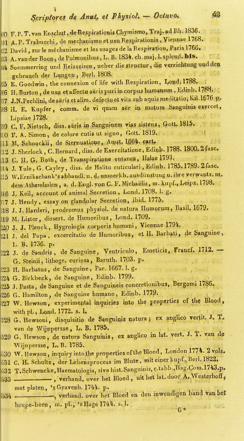 OO F. P. T. van Ensclmt, deRespiratlonis Chymismo, Trsj. ad Rh. 1836. IDI A- P- Trgbucchi^ de mecjiaflismo et usu Respirationis, yiepnae 1768. 22 David , sur le m^chanisme et les usages de la Respiratipn, Paris 176G. 33 A.vanderBoofii^diePulmonibus,L. B. 1834.ch.maj,l.splenfl.Ws. 44 Soemmerring und Reiszeisen , ueber diestructur, dip vqrricbtung uqd dc;» gebrauch der Lypgep , Perl, 1808. 55 E. Goodwin, the connexion of life with Respiralion, Lopd. 1788,-,, ( 166 H. Burton , de usu et affeclu aeris puri in corpup bupiapum , Edinb. 1738. 1/7 J.N.Pechlini, deaeris eMbin' defectuet vila sub aquis medilatio, Kil.1676 p.. k'8 H, E. Kupfer, corara. de vi quara aer in motura Sangujuis pjcprcet, Lipsiae 1728. )99 C, F.Niqtsch, diss. aerjp in^^pguinera vias sisfeps, (Jotl, 1815. CO F. A. Simon, de colore cutis ut signo, Gott. 1819. I U M, gchoQcku, de Sj,erpu?i^Q9e, An)§t. 1,664. farf, 12 J. Sherlock , C.B,ernard, diss. de Exercitatione, Edinb. 1788. 1800.2fasc. 33 C, \l, jj, Rpth, de Trapppiratipnfl gutanea, H^l^ie 179^. Xk J. Yule, G. Cayley, diss. de Halitu cuticulari, Edinb. 1785.1789. 2fasc. ,15 W.Ernikschank's abhandl, u. d, upmerkb. ausdiinstuug u. ilire verwants. m. dem Athemholen , a. d. Eng). yon C. F. Michaelis, m. kupf., J^eipz. 1798. H6 J, K.eil, account of animal Secretion , Lond. 1708. 1. g. 17 J. Hendy, essay on glandular Secretion, ibid, 1775.. . it . 118 J. J. Jlarderi, prodromus physiol. de natura Humorura, BasU, 1679. 119 M. Lister, dissert. de Humoribus, Lond. 1709. iiO J. J. Plenck, Hygrologia corporis humani, Viennae J794. ^ 221 J. del Papa, excercitatio de Humoribus, et H. Barb^ti, de Sanguine, L. B. 1736. p. VII J. de Sandris, de Sanguine, Ventriculo, Eraeticis, Francf. 1712. — G. Steinii, litliogr. curipsa, Baruth. 1703. p. 223 H. Barbatus, de Sanguine, Par. 1667. 1. g. 124 G. Birkbeck, de Sanguine, Edinb. 1799. •225 J. Pasta, de Sanguine et de Sanguineis concretionibus, Bergomi 1786. 226 G. Hamilton, de Sanguine huraano, Edinb. 1779. ; !27 W. Hewson, experimental inquiries into ibe properlies of^th^ with pl., Lpnd. 1772. s. 1. ^ '. ' • 328 G. Hewsoni, disquisitio de Sanguinis patura; ex anghco vertit. J.. van dp Wijnpersse, L. B. 1785. m G. Hewson, de natura Sanguinis, ex anglico in lat. vert. J. T. van de Wijnpersse, L. B, 1785. ,530 W.Hewson, inquiry intothe propertiesoftheBlood, London 1774. 2vols. 1331 C. H. Schultz , der Lebensprocess im Blute, miteinerkupf.,, Berl. 1822. w32 T.Schwencke,Haematologia, sive hist.Sanguinis, c.tabb.,Hag.Com.l743.p. ,i33 . , verhand. over het Bloed , uit het lat. doo^.^^Wepte^hoff^ metplaten, 'sGravenh. 1744. p. ,334 . verhand. over het Bloed en den inwendigen band vanhet hcupe-bccn , ra. pl., 'sHagc 1744. s. l. . G *