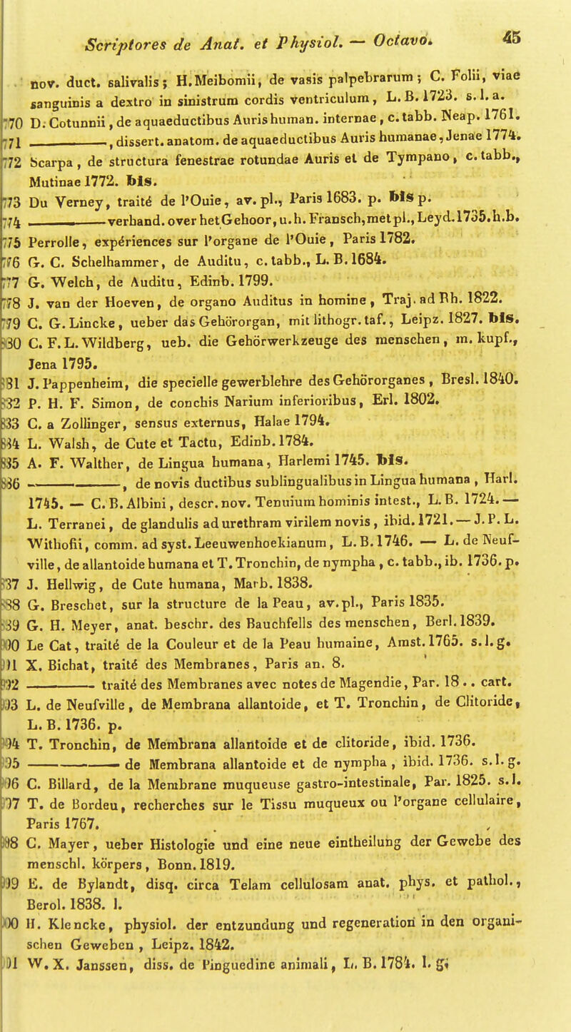 . nov. duct. salivalis; H.Meibbmii, de vasis palpebrarum; C. Folii, viae «anguinis a dextro in sinistrura cordis ventriculum, L.B. 1723. s. 1. a. 770 D; Cotunnii, de aquaeductibus Aurishuman. internae , c. tabb. ISeap. 1761, 771 , dissert. anatom. de aquaeductibus Auris huraanae, Jenae 1774. 772 Scarpa, de structura fenestrae rotundae Auris el de Tympano, c.tabb., Mutinael772. bis. 773 Du Verney, trait^ de l'Ouie, av.pl., Paris 1683. p. WSp. 774 —verhand.overhetGehoor,u.h.Fransch,metpl.,Leyd.l735.h.b. 775 Perrolle, exp^riences sur Torgane de l'Ouie, Paris 1782. :?6 Ct. C. Schelhamraer, de Auditu, c. labb., L. B. 1684. 777 G. Welch, de Auditu, Edinb. 1799. 78 J. van der Hoeven, de organo Auditus in homine, Traj.adBh. 1822. 779 C. G.Lincke, ueber das Gehororgan, mit lithogr. taf., Leipz. 1827. bls. i60 C. r.L.Wildberg, ueb. die Gehorwerkzeuge des raenschen, ra. kupf., Jena 1795. '81 J. Pappenheira, die specielle gewerblehre des Gehororganes , Bresl. 1840. >32 P. H. F. Simon, de conchis Narium inferioribus, Erl. 1802. 533 C. a Zollinger, sensus externus, Halae 1794. 5^4 L. Walsh, de Cute et Tactu, Edinb.1784. 335 A. F. Walther, de Lingua humana, Harlemi 1745. bls. , de novis ductibus sublingualibusin Linguahumana , Harl. 1745. — C.B. Albini, descr.nov. Tenuiurahominis intest., L.B. 1724.— L. Terranei, de glandulis adurethrara virilem novis, ibid. 1721. — J. P. L. Withofii, comm. adsyst.Leeuwenhoekianum, L.B.1746. — L. de Neuf- ville, de allantoide huraana et T. Tronchin, de nyrapha , c. tabb., ib. 1736. p. !37 J. Hellwig, de Cute humana, Mai b. 1838. sS8 G. Breschet, sur la structure de laPeau, av.pl., Paris 1835. <39 G. H. Meyer, anat. beschr. des Bauchfells desmenschen, Berl,1839. 100 Le Cat, trait^ de la Couleur et de la Peau humaine, Amst.1765. s.l.g. ))I X. Bichat, trait^ des Merabranes, Paris an. 8. Tfyz trait^ des Membranes avec notes de Magendie, Par. 18 .. cart. m L. de Neufville, de M.embrana allantoide, et T. Tronchin, de Clitoride, L. B.1736. p. >94 T. Tronchin, de Membrana allantoide et de clitoride, ibid. 1736. 195 — de Merabrana allantoide et de nympha , ibid. 1736. s.l.g. 196 C. Billard, de la Membrane muqueuse gastro-intestinale, Par. 1825. s.I. W T. de Bordeu, recherches sur le Tissu rauqueux ou l'organe cellulaire, Paris 1767. 188 C. Mayer, ueber Histologie und eine neue eintheilung der Gcwebe des menschl. korpers, Bonn.1819. 199 E. de Bylandt, disq. circa Telam cellulosam anat. phys. et pathol., Berol. 1838. 1. 100 H. Klencke, physiol. dcr entzundung und regcneratiori in den organi- schen Geweben , Leipz. 1842. )D1 W, X. Janssen, diss. de Pinguedine aniniali, L. B. 1784« !• ffi