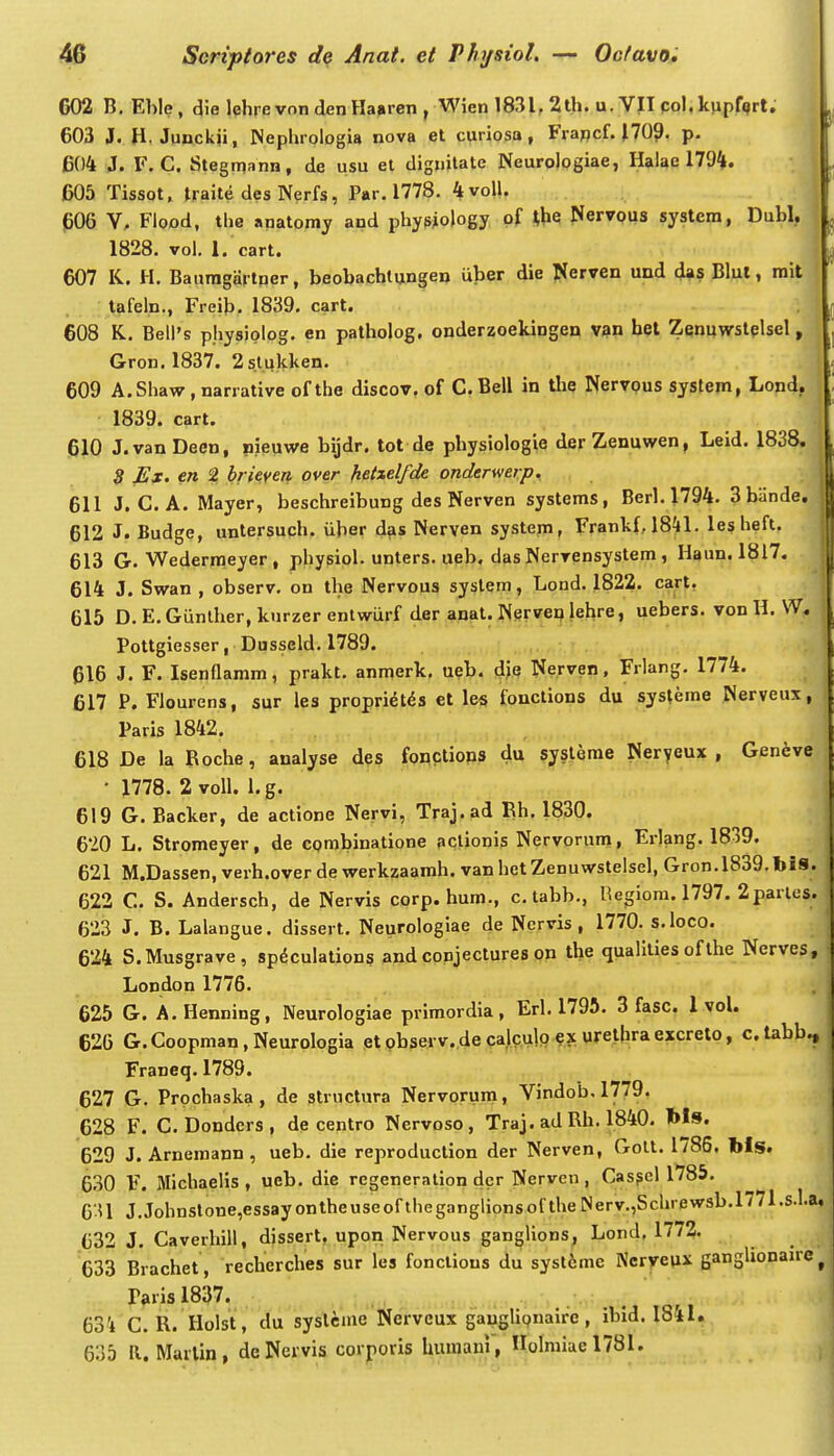 602 B. Ehle, die lehrevon den Ha»ren , Wien 1831, 2th. u. VII col. knpfqrt. 603 J. H. Juackji, INephrologia nova et curiosa , Frapcf. iVOP. p. 604 J. F. C. Stegmann, de usu et digmtate Neurologiae, Halae 1794. 605 Tissot, traite desNerfs, Par. 1778. 4voU. 4 606 V, Flood, the anatomy and phypiiology pf tbe NervQUS system, Dubl, 1828. vol. 1. cart. 607 K. H. Baumgartner, beobachtungen uber die ]Serven und das Blul, rait tafein., Freib. 1839. cart. 608 K. Bell's pjiysiplpg. en patholog. onderzoekingen v^n bet Zenuwstqlsel, Gron. 1837. 2stiikken. 609 A.Shaw , narrative of the discov. of C. Bell in the Nervpus system, Lond, 1839. cart. 610 J.vanDeen, nieuwe bijdr. tot de physiologie derZenuwen, Leid. 1838, 8 Es. en % brkven over ket%elfde onderwerp. 611 J. C. A. Mayer, beschreibung des Nerven systems, Berl. 1794. Sbande, 612 J. Budge, untersuch. iiher das Nerven system, Frankf, 18^jl. lesheft. 613 G. Wedermeyer , physiol. unters. ueb. das Nervensystem , Haun. 1817. 614 J. Swan , observ. on the Nervous syslem, Lond. 1822. cart. 615 D. E. Gunlher, kurzer entwiirf der anal. Nerven lehre, uebers. von H. W. Pottgiesser, Dusseld. 1789. 616 J. F. Isennamm, prakt. anmerk, ueb. dje Nerven, Frlang. 1774. 617 P. Flourens, sur les propri^t^s et les fonctions du systeme Nerveux, Paris 1842. 618 De la Roche, analyse des fonctions du systeme Neryeux , Geneve • 1778. 2 voU. l.g. ^ 619 G. Backer, de actione Nervi, Traj.ad Rh. 1830. 6'20 L. Stromeyer, de cpmbinatione aclionis Nervornm, Erlang. 1839. 621 M.Dassen, verh.over dewerkzaamh. vanhetZenuwstelsel, Gron.1839.biS. 622 C. S. Andersch, de Nervis corp. hum., c. tabb., Regiora. 1797. 2parles. ■ 623 J. B. Lalangue. dissert. Neurologiae de Nervis , 1770. s.loco. ' 624 S.Musgrave, sp^cuiations and conjectures on the quallties ofthe Nerves, London 1776. 625 G. A.Henning, Neurologiae prlmordia, Erl. 1795. 3 fasc. 1 vol, 626 G.Coopman.Neurologia ptobserv.decalculpex urelhraexcreto, c.tabb., Franeq.1789. 627 G. Prpchaska, de structura Nervorum, Vindob. 1779. 628 F. C. Donders, de centro Nervoso, Traj. ad Rh. 1840. Ws. 629 J. Arnemann, ueb. die reproduction der Nerven, Gott. 1785. bls. 630 F. Michaelis , ueb. die regeneration dcr Nerven, Cas?el 1^85. 6'U J,Johnstone,essayontheuseoftheganglionsoftheINerv.,Schrewsb.l771.s.I.a, 632 J. Caverhill, dissert, upon Nervous ganglions, Lond, 1772. 633 Brachet, recherches sur les fonctious du syst^me Ncryeux ganglionaire ^ r(irisl837. 634 C. R. Holst, du syslcme Nerveux gauglipnaire, ibid. 1841. 635 a. Marlin, deNeivis corporis luimaui, IIolmiaelTSl.