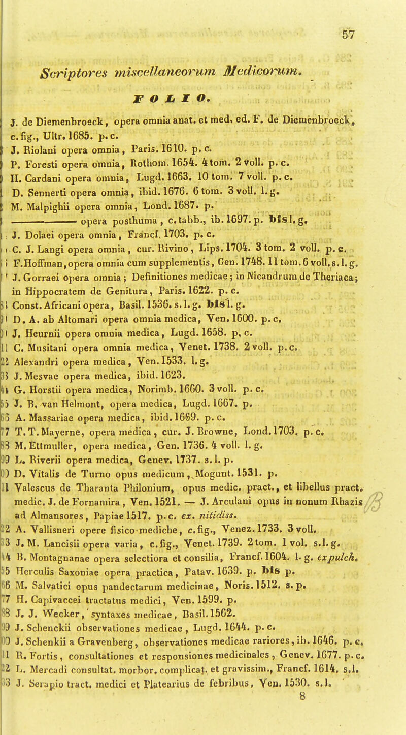 Scriptores miscellaneorum Medicorum. W O I o. J. de Diemenbroeck, opera omuia anat. el med, ed. F. de Diemenbrocck, c.fig., Ullr.1685. p.c. J. Riolani opera omnia, Paris. 1610. p. c. P. Foresti opera omnia, Rothom. 1654. 4tom. 2voll. p. c. H. Cardani opera omnia, Lugd. 1663. 10 tom. 7voll. p. c. D. Sennerti opera omnia, ibid.1676. 6tora. 3voll. l.g. M. Malpighii opera omnia, Lond. 1687. p. ■ opera poslbuma , c.tabb., ib.l697. p. blsl.g. : J. Dolaei opei-a omnia, Francf. 1703. p. c. I C. J. Langi opera omnia , cur. Hivino, Lips. 1704. Stora. 2 voll. p. c, » F.Hofiinan,opera omnia cum supplementis, Gen. 1748.11 tom.6 voll.s.l.g. ' J. Gorraei opera omnia ; Definitiones medicae; in Nicandrum de Theriaca; in Hippocratem de Genitura, Paris. 1622. p. c. \\ Const. Africani opera, Basil. 1536. s. l.g. Ws l. g. )l D. A. ab Altomari opera omnia medica, Ven. 1600. p. c, )l J. Heurnii opera omnia medica, Lugd. 1658. p, c. 11 C. Musitani opera omnia medica, Venet. 1738. 2voll. p.c. l\ Alexandri opera medica, Ven.1533. l.g. Vt J. Mesvae opera medica, ibid. 1623. \V G. Horstii opera medica, Norirab. 1660. 3voll. p. c. 5j J. B, van Helraont, opera medica, Lugd. 1667. p. 6S A. Massariae operaraedica, ibid.1669. p. c. /7 T. T.Mayerne, opera medlca , cur. J. Browne, Lond, 1703. p.c, 53 M. Ettmuller, opera medica, Gen. 1736. 4 voll. 1. g, 99 L. Riverii opera medica, Genev. 1737. s.l. p, 3) D. Vitalis de Turno opus medicura ,,Mogunt. 1531. p. 11 Valescus de Tharanta Philonium, opus medic. pract., et libellus pract. medic. J. de Fornamira , Ven. 1521. — J. Arculani opus in oouum Rhazis ad Almansores, Papiael517. p.c. cx, nitidiss. 22 A. Vallisneri opere fisico-medicbe, c.fig., Venez.1733. 3voll. '^3 J, M. Lancisii opera varia, c.fig., Venet. 1739. 2tom. 1 vol. s.l. g. \4 B. Montagnanae opera selectiora etconsilia, Francf. 1604. 1. g. expulck, 55 Tlcrculis Saxoniae opera practica, Patav. 1639. p. bls p, fi6 M. Salvatici opus pandectarura medicinae, Noris.1512. s.p, 7 H. Capivaccei tractatus mcdici, Ven. 1599. p. '^B J. J. Wecker,' syntaxes medicae , Basil.1562. 39 J. Schenckii observaliones medicae , Lugd. 1644. p.e, W J. Schenkii a Gravenberg, observationes medicae rariores, ib. 1646. p. g. II R. Forlis, consultationes et responsiones medicinales , Genev. 1677. p. c. VL L. Mercadi consultat. morbor. complicat. et gravissim., Francf. 1614. s.l, )3 J. Serapio tract. medici et Platearius dc fcbribus, Vc». 1530. s.I. 8