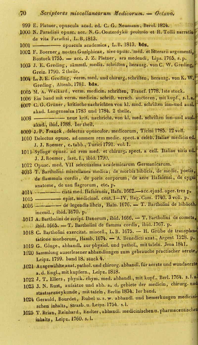 999 C. Platner, opuscula acad. ed. C. G. Neuroann, Berol. 1824. ' ,.1000 N. Paradisii opusc. acc. N. G. Oostcrd^kii ptolusio et H. Tollii narratio de vita Paradisi, L. B.1813. 1001 -' ■■ opuscula acadeniica, L.B. 1813. bls. igr 1002 F. Boerner, noctes Guelphicae, siveopusc. med. etlitterarii argiimenti,! Rostock 1755. — acc. J. Z. Platuer, ars medeudi, Lips. 1765. s.p. r 1003 J. E. Greding, saramtl. .raediz. schrilten, herausg. vonC. W. GredingJ Greiz. 1790, 2 theile. 1 1004 L. J. E. Greding, verm. med. und chirurg. schriften, herausg. von K. W,** Greding, Altenb. 1781. bls. 1005 M. A. Weikard, verm. medicin. schriften, Frahcf. 1778.1 ste stuck. 1006 Ein band mit verm. medicin. schrift. versch. auctoren, raitkupf., s.l.at 1007 C. G. Griiner, kritische nachrichten von kl. raed. schriften inn-und ausl. akad. Langensalza 1783 und 1784. 2 theile. ' . . ,\ 1008 neue krit. nachricht. von kl. med. s<fli'rih^ri iriri-und auslt akad., ibid, 1788. lertheil. 1009 J. P. Frauclt, delectus opusculor; medicorum, Ticini 1785. 12volI. 1010 Delectus opusc. adomnem remmedic. spect. a celeb. Italiae raedicised J, J. Roemer, c.tabb., Turicil791. vol.Ii' * ' lOlt-Sylloge opusc. ad rem med. et chirurg. spect. ai 'cell; Itiiliae viris ed! J. J.Roemer, fasc. 1., ibid.1790. 1012 Opusc. med. VII selectissima academicarum Gerraanicarum. •1013 T. Bartholini miscellanea medica; de morbis biblicis, de iriedic. poetis de flammula cordis, de poris corporum, de aere Hafniensi, de cjga anatome, de usu flagrorum, etc. p. 4014 cistamed. Hafniensis, Hafn. 1662.—adc.ejasd. oper. tres p. 1015 epist. medicinal. cent.I—IV, Hag.Coni. 1740. 3voll. p. 1016 —— de legendislibris, Haln. 1676. — T. Bartholini de biblioth.i incend., ibid. 1670. p. .1017 A. Bartbolini de script. Danorum, ibid. 1666. — T. Bartholini de coraeta ibid. 1665. — T. Bartholini de flarama cordis, ibid. 1767. p. 1018 C. Bartholini exercitat. miscell., L.B. 1675. — H. Grube de transpla» tatione morborum, Hamb. 1674. — 'A. Benedicti anat., Argent 1528. p. 1019 G. Gluge, abhandl, zurphysiol. und pathol., mittafeln. Jena 1841. 1020 Sammlung auserlesener abhanJlungen zum gebraucbe practischer aerzte Leipz. 1799. band 18. stuck 4. 1021 Ausgewahlte anat. pathol. und chirurg. abhandl. fiir aerzte und wundaerzt a.d. Engl., mitkupfern., Leipz. 1818. 1022 J. T. Ellers, physik. chym. med. abhandl., mit kupf., Berl. 1764. s.i.a-i 1023 J. N. Rust, aufsatze und abh, a. d. gebiete der medicin, chirurg. und staatsarzneykunde, mittafeln, Berlinl834. lerband. 1024 Gerauld, Bourdet, Rubel u, s. w. abhandl. und bcmerkungen medicmi' schen inhalts, Strasb.u, Leipz. 1754. s.l. 1 1025 T.Brian, Reinhard, Endter, abhandl. medicinischenu. pharmaceutischcfl iubaUS} Leipz. 1760. s. 1.