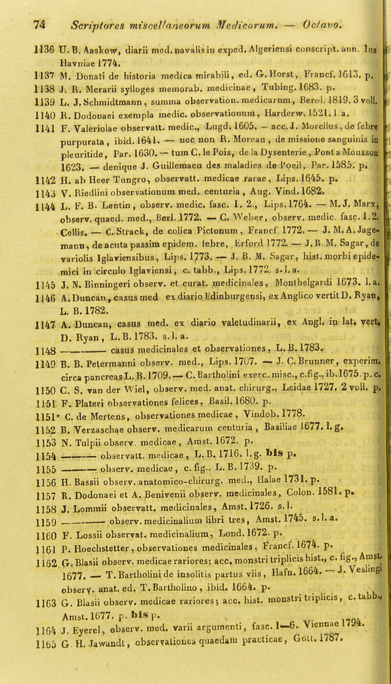 1136 U.B. Aasl<ow, diarii med.navali.sin exped. Algerietisi conscript. ann. luj Uavniae 1774. 1137 M. Donati de historia medica mirabili, ed. G.Horst, Francf. 1G13. p, 1138 J. R. Merarii sylloges memorab. medicinae, Tubing. 168.3. p. 1139 L. J. Schmidtmann, summa observation. medicarnm, Berol. 1819. 3 vol|. 1140 R. Dodonaei exempla raedic. observationura, Harderw. 1521.1. a. 1141 F. Valeriolae observatt. medic, Lugd* 1605, - acc.J. Moreilu.s,de febrij purpurata , ibid. 1641. — nec non R. Moreau , de missioiie sanguinis i4 pleuritide, Par. 1630. — tumC.lePois, de la Dysenterie , Ponta Mousson 1623. denique J. Guillemaeu dcs maladies de l'oeil, Par. 1585. p. 1142 H. ab Heer Tungro, observatt. medicae rarae, Ijips.1645. p. 1143 V. Riedlini observationura med. centuria , Aug. Yind. 1682. \ 1144 L. F. B. Lentin, observ. medlc. fasc. 1. 2., Lips.1764. — M. J. Marxj observ. quaed. med., Berl. .1772. — C. Weber, observ. raedic. fasc. 1.2» Cellis. — C. Strack, de colica Pictonum , Francf. 1772. — J. M. A. Jage* mann, de acnta passim epidem. febre, Erford 1772. — J. B. M, Sagar, d0; variolis Iglaviensibus, Lijis. 1773. — J. B. M. Sagar, hist. morbi epider mici in circulo Iglaviensi, c, tabb., Lips. 1772. s.l.a. : 1145 J. N. Binningeri observ. et curat. raedicinales, Montbelgardi 1673. l.a. 1146 A.Duncan, casusraed exdiarjoEdinburgensi, exAnglico vertitD. Rjani L, B.1782. 1147 A. Duncan, casus mcd. ex diario valeludinarii, ex Angl. in lat. vert* D. Ryan, L.B, 1783. s.l. a. j 1148 casus medicinales et observationes, L. B.1783. ^ 1149 B. B. Pelermanni observ, raed,, Lips, 1707. — J. C. Brunnerf experirat circa pancreas L. B. 1709. — C. Barthoiini exerc..roisc., cfig., ib,1675. p. cS, 1150 C. S. van der Wiel, observ. med. anat. chirurg., Leidae 1727. 2voll. p.. 1151 F. Plateri observationes felices, Basil. 1680. p. 1151* C. de Mertens, observationes medicae , Vindob. 1778. 1152 B. Verzaschae observ. medicarum centuria , Basiliae 1677. l.g. 1153 N. Tulpii observ. medicae, Arast. 1672. p. 1154 . observatt, medicae, L, B. 1716. l.g. l>is p, 1155 ; observ. raedicae , cfig-. L,B. 17-39. p. 1156 H.Bassii observ. anatomico-chirurg, med,, IIalael731. p. 1157 R. Dodonaei et A. Benivenii observ. medicinales, Colon. 1581. p. 1158 J. Loraraii observatt. medicinales, Amst. 1726. s. 1. 1159 observ. medicinalium libri tres, Amst. 1745. s.I. a. 1160 F. Lossii observat. raedicinaliura, Lond. 1672. p. 1161 P. Hoechstetter, observationes medicinales, Francf. 1674. p. 1162 G. Blasii observ. medicae rariores; acc. monstri triplicis hist., c. fig., Amst. 1677. — T.Barlholinide insolitis partus viis, Hafn. 1664. — J. Veshngi cbsery. anat. ed. T.Bartholino, ibid. 1664. p. 1163 G. Blasii observ. medicae rariores; aco. hist. monstri triplicis, c. tabb., Amsi.1077. p. Msp. , 1164 J. Eyercl, observ. med. varii argumenti, fasc 1—6. Vicnnac l/y*. 1165 G. H. Jawandt, observatioues quaedara practicae, Gotl. 1787.