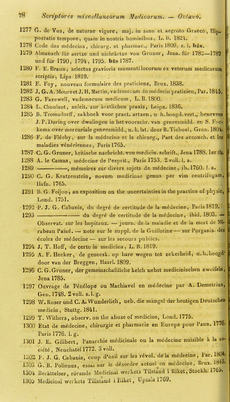 1277 (i. dc Vos, de naturae vigore, maj. in sano et aegroto Graeco, Ilip, pocratis tempore, quam in nostris liominibiis, L. 14. 182^1. 1278 Code des mddecins, cliirurg. el pharmac, Paris 1809. s. 1. l>is. \n% Almanach liir aerlze und nichtartze von Gruner, Jena. fiir 1782—1787 und fiir 1790, 1794, 1795. bls 1787. 1280 F. E. Braun, selectus gravioris momentilocorum ex veterum medicoraitt. scriptis, Lips 1819. , f 1281 E. Foy, nouveau formulaire des praliciens, Brux. 1838. l;' 1282 J, G. A. Molireet J.H.Marlin, vademecum du incdecin praticien, Par, 1845, 1283 G. Fazewell, vademecum medicum, L.B. 1800. f 1284 L. Choulant, anleit. zur arztlichen praxis, Leipz. 1836. 9 1285 B. Tromsdorff, zakboek voor pract. artzen, u h. hoogd,vert., benevem J. P. During over dwalingen in het voorschr. van geneesmidd- en S. Fotfl kema over mercuriale geneesmidd., u. h. lat, door B.Tieboel, Gron. 1804« 1286 F. de Fl^chy, sur la medecine el la chirurg., l'art des accoucb. et le^ maladies v^neriennes, Paris 1765. 1287 C G. Gruner, kritische nachricht. von medicln. schrift., Jena 1788, ler tlt 1288 A. le Caraus, m^decine de 1'esprit., Paris 1753. 2 voU. 1. a. l 1289 —— —'—, m^moires sur divers sujets de m^decine, ib. 1760. I.a. 1290 G. G. Kratzenstein, novum mediciuae genus per vim centrifugam, Ilafn. 1765. 1291 B.G.Feijoo, anexposition on the uncertaintiesin the practice of physiCj Lond. 1751. 1292 P. J. G. Cabanis, du degre de cerlitude de la raddecine, Parisl819. • 1293 ■ • du degr^ de certitude de la medecine, ibid. 1803. Observat. sur les hopitaux. — journ. de la maladie et de la morl de 1V®| rabeau 1'aine. — note sur le suppl. de la Guiilotine —^ sur 1'organis. di ecoles de medecine —- sur les secours publics. 1294 J. T. HofF, de certo in medicina, L. B. 1819. 1295 A. F. Hecker, de geneesk. op hare wegen tot zekerheid, u.h.hoo^d'' door van der Breggen, Haarl. 1809. 1296 C.G.Gruner, der gemeinschaftliche kelcb nebst medicinischen zweifebli Jena 1785. 1297 Ouvrage de Penelope ou Machiavel en medecine par A. Deraetrius, Gen.1748. 2voll. s.l.g. 1298 W. Roser und C. A. Wunderlich, ueb. die mangel der heutigen Deutschen medicin, Stuttg. 1841. 1299 T. Withers, observ. on ihe abuse of medicine, Lond. 1775. 1300 Etat de medecine, chirurgie et pharmacie en Europe pour l'ann. 1776. Paris 1776. 1. g. ^ 1301 J. E. Gihbert, 1'anarchie ra^dicinale ou la medecine nuisible k la so- cietd, Neuchatell772. 3volI. 1302 P. J, G. Cabanis, coup d'oeil sur les revol. deia m^decine, Par. 180*. 1303 G.B. Pollenus, essai sur le d^sordre actuel^en medecine. Brux. 18«. 1304 Berattelser, rorande Medicinal werkets Tilstand i lliket, Stockh. 176». 130i) Mediciual werkels Tillsuad i rvikel, Upsala 1769.