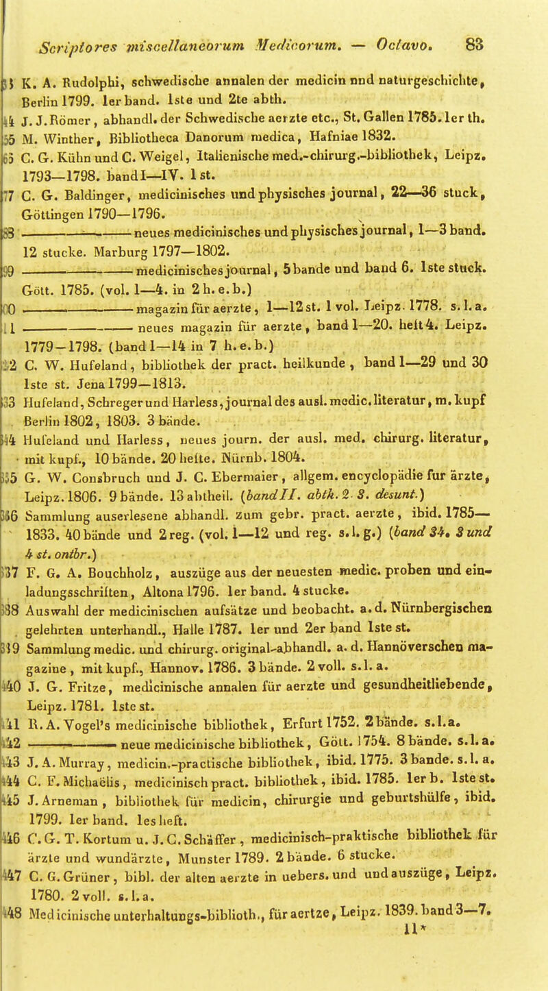 5J K. A. Rudolphi, schwedische annalen der medicin nnd naturgeschichte, Berlinl799. lerband. Isle und 2te abth. \\ J. J.Romer, abhandl. der Schwedische aerzte etc, St. Gallen 1785. lcr th. j5 M. Winther, Bibliotheca Danorum medica, Hafniae 1832. 65 C. G. KiihnundC.Weigel, Italienische med.-chirurg.-bibhothek, Leipz. 1793—1798. bandl—IV. Ist. 7 C. G. Baldinger, niedicinisehes undphysisches journal, 22—36 stuck, GotUngen 1790—1796. ^ , : : neues medicinisches undphysisches journal, 1—3band. 12 stucke. Marburg 1797—1802. 99 medicinischesjournal, Sbande und band 6. Istestuck. Gott. 1785. (vol. 1—4. in 2 h. e. b.) OO magazinfiiraerzte, 1—12st. 1 vol. Leipz. 1778. s.l.a, 11 . neues magazin fiir aerzte , band 1—20. heh4. Leipz. 1779-1798. (band 1—14 in 7 h. e. b.) 2/2 C. W. Hufeland, bibliothek der pract. heilkunde , band 1—29 und 30 Iste st. Jena 1799-1813. 33 Hufeland, Schreger und Harless, journal des ausl. mcdic. literatur, m. kupf Berlin 1802, 1803. 3bande. i^l4 Hufeland und Harless, neues journ. der ausl. med. chirurg. literatur, • mit kupf., lObande. 20helte. Niirnb. 1804. )55 G. W. Consbruch und J. C. Ebermaier , allgem. encyclopadie fur arzte^ Leipz.1806. 9bande. ISablheil. {Jbandll. ahthA S. desunt.) i46 Sammlung auserlesene abiiandl, zum gebr. pract. aerzte, ibid. 1785— ■ 1833. 40bande und 2reg. (vol. 1—12 und reg. s.l.g.) {band 3^, Sund k st. onibr.) i37 F. G. A. Bouchholz, ausziige aus der neuesten medic. proben und ein- ladungsschriiten, Altonal796. lerband. 4stucke. 1^8 Auswahl der medicinischen aufsatze und beobacht. a. d. Niirnbergischen gelehrten unterhandl., Halle 1787. ler und 2er band Iste st. 319 Sammlung medic. und chirurg. original^abhandl. a. d. Hannoverschcn ma- gazine, mitkupf., Hannov. 1786. Sbande. 2voU. s.l.a. 440 J. G. Fritze, medicinische annalen fur aerzte und gesundheitliebende, Leipz. 1781. Iste st. 111 R.A. Vogel's medicinische bibliothek, Erfurt 1752, 2bande. s.l.a. 112 ■■ . . — neue mediciDische bibliothek, Golt. 1754. Sbande. s.l.a. 143 J.A.Murray, medicin.-practische bibliothek, ibid. 1775. 3bande. s.l. a. 144 C, F.Michaelis, medicinischpract. bibliothek, ibid. 1785. lerb. IstesU 145 J.Arneraan, bibiiothek fur medicin, chirurgie und geburtshiilfe, ibid. 1799. ler band. lesheft. 446 C. G. T. Kortum u. J. C. SchafTer , medicinisch-praktische bibliothek fur arzle und wundarzte, Munster 1789. 2b'ande. 6 stucke. 447 C. G. Griiner , bibl. der alten aerzte in uebers. und undauszuge, Leipi;. 1780. 2voII. s.l.a. Ml8 Medicinischeunterhaltungs-biblioth., furaertze, Leipz. 1839.band3—7. 11*