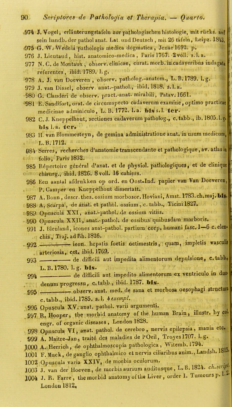 •974 J. Vogel, erlaulerungstafeln zur pathologischcn hislologie, mitrlicks. anf sein handb. dcr palhol anat. Lat uijd Deutsch , miL 26 1'dleln, Lelpz. 1843, (976 G. W.'Wedelii pathologla iriedica ddgmatica, Jeriie 1692. p. 976 J. Lieutaud, hist. anatoraico-medica , Paris 1767. 2v6Il; s.l. a. 977 N.C.deMontawc, observ. clinicae, curat.morb.incadaveribus indag»t| •'i referentes, ibia;1789. Lg. •978 A. J. van Doeveren , observ. patholog.-ariatom., L.B.1789. l.g. 979 J. van Dissel, observ. anat.-pathol., ibid. 1818. s.l. a.  ' 980 G. Clauderi de observ. pract.-anat. mirabili, Patav. 1661. '981 E.Sandifort, orat.de circumspecto cadaverum examine, optlmo practicril medicinae adminiculo, L.B. 1772. l.a. bls s.l. ter. 982 C. J. Kneppelhout, sectiones cadaverum patholog., c.tabb., ib. 1805.1.|i l>is 1. a. tcr. 983 H- van Blommesteyn, de gemina administratione anat. in usum medicuifi| . • ■ • 'L.B.1712. 684 Serres, recherches d'anatomie transcendante et pathologique.av. atlasiii - folio, Paris 1832. 985 Bdpertoire gdndral d'anat. et de physiol. pathologiques, et de cliniqtte olmmehivtirg., ibid. 1826. 8volI. 16 cahiers. ^ 986 Een aanlal afdrukken op ord. en Oost-Ind. papier van Van Doeveren, ,o. P. Camper en Kneppelhbut dissertatt. 987 A. Bonn , descr. thes. ossium morbosor. Hoviani, Amst. 1783.ch,maj.bli« 988 A. Scarpa , de anat. et pathbl. ossium, c. tabb., Ticinil827. : 989 Opuscula XXI, anat.i-pathol. de ossium vitiis. 990 Opuscula XXII, anat.-pathol. de ossibus'quibusdara morboris. 991 J. Bleuland, icones anal-pathol. partium cofp. humani fasc. 1—0 c. elen« chis, Traj.adRh.1826. ' ] ,.^92 ■—, ieon. hepatis foetis octimestris, quam, impletis vasculij . arteriosis, cet, ibid. 1769, 993 — de difiGlcili aut impedita alimentorura depulsione , c.tabl^rt L. B. 1780. 1. g. Ms. ' 994 de difficili aut impedito alimentorum ex ventriculo in duOr denum progressu, c.tabb , ibid. 1787. bls. ' ■ 995 observ.anat. med. de sana et morbosa oesophagi structun c.tabb.,.ibid. 1785. s.l. ^txempl. 996 Opuscula XV, anat. pathol. varii argumenti. ,9^7 R. Hooper, the morbid anatomy ofthe human Brain, illustr. by col. engr. of organic diseases , London 1828. 998 Opuscula VI, anat. pathol. de cerebro, nervis epilepsia, mania etc^; 999 A. Maitre^an, trait^ des maladies de 1'OeiI, Troyesl707. 1. g. JOOO A. Herrich, de ophthalmoscopia pathologica, Wilemb.1794. 1001 F.Muck, deganglio ophthalmico et nervis ciliaribus anira.,Landsh. 18U« 1002 Opuscula varia XXIV, de morbis oculorum. _ ^ 1003 J. van der Hoeven, de morbis aurium audilusque, L.B. 1824. ch.scrip^ 1004 J. R. Farre, liiemorbid anatomy of lh« Liver, ordcr I. Turaoursp. ■ London 1812«