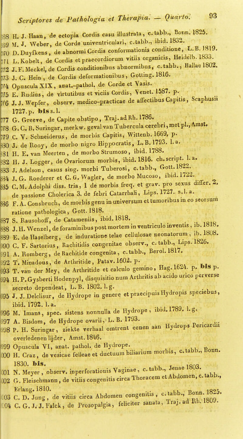 ;38 H. J. Haan, de ectopia Cordis casu illustrata, c.tabb., Bonn. 1825. ii)9 M J. Weber, de Corde univentriculari, c.labb., ibid. 1832. ;J0 D.Dujfkens. de abnorraiCordis conformalionis conditione, L.B 1819. :n L.Kobelt, de Cordis et praecordiorura vitiis organicis, Heidelb. Ib66. 112 J.F.Meckel.de Cordis conditionibus abnormibus, c.tabb., Hallae 1802. 7J3 J. C. Hein, de Cordis deformationibus, Gotling. 1816. OpusculaXIX, anat.-pathol. de Corde et Yasis. /75 E. Rudius, de virtutibus et viciis Cordis, \enet. 1587. p. m J.J. Wepfer, observ. medico-piacticae de affeclibus CapiUs, Scaplmsii 1727. p. biss.I. /77 G. Greeve, de Capite obstipo, Traj.adRh. 1786. Vm G. C. B. Suringar, merkw. geval van Tubercula cerebri,inetpl., Arast. 779 C. V. Schneiderus, de morbis Capitis, Wittenb. 1669, p. m J. de Rooy, de morbo nigro Hippocratis, L.B.1793. l.a. i81 H. E. van Meerten , de morbo Strumoso, ibid. 1788. S2 H. J. Logger, de Ovariorura morbis, ibid. 1816. cb.script. 1. a. 333 J.Adelson, casus sing. morbi Tuberosi, c.tabb., Gott.1822. S84 J. G. Roederer et C. G. Wagler, de morbo Mucoso, ibid. 1722. B35 C.M. Adoiphi diss. tria, 1 de raorbis freq. et grav. pro sexus differ. i. de passione Choierica 3. de febri Catarrhali, Lips. 1727. s.l.a. B86 F. A. CoDsbruch, de morbis genu in universum et turaoribus m eo seorsum ratione patbologica, Gott. 1818. 837 S. Rausohoff, de Catameniis, ibid. 1818. 888 J. H. Wenzel, de forarainibus post mortem in ventriculo invenlis , ib. ai». 889 E. de Haselberg, de induratione telae cellulosae neonatorum , '^-Jf^^' m C. F. Sartorius, Rachitldis congenitae observ., c. tabb., Lips. 1826. 991 A. Romberg, de Rachilide congenita, c.tabb., Beroi. 1817. 992 T. Minadous, de Arthritide, Patav. 1602. p. 9d3 T. van der Mey, de Artliritide et calculo gemino, Hag. 16-4. p. I>IS p. 994 H. P. Gysberli Hodenpyl, disquisitio num Arlluitis ab acido urico perverse secreto dependeat, L. B. 1802. l.g. _ 995 J. J. Delclisur, de Hydrope in genere et praecipuis Hydropis speciebus, ibid. 1792. l.a. 996 M. Iraans, spec. sistens nonnulla de Hydrope , ibid.l7»y. l.g. 997 A. Bisdom, de Hydrope ovarii, L. B. 1793. r, v 1,98 P. H. Suringar, ziekte verhaal oratrent eenen aan Hydrops Pencardu overiedenen iijder, Amst. 1846. 599 Opuscula VI, anat. pathol. de Hydrope. . v.u « OOO H. Craz, de vesicae felleae et ductuura biliarium morbis, c.tabb., Bonn. 1830. bls. , ^ , COl N. Meyer , pbserv. inperforationis Vaginae, c.tabb., Jenae l«Ud. C02 G. Fleischmann, de vitiis congenitis circa Thoracem et Abdoraen, c. tabb., Erlang. 1810. . . i i u iH9ri C03 C. D. Jung, de vitiis circa Abdoraen congenilis , c. tabb., Bonn 18-5. C04 CG.J.J.ralck, de Prosopalgia, feliciter sanala, liaj. ad Rb. IBUJ.