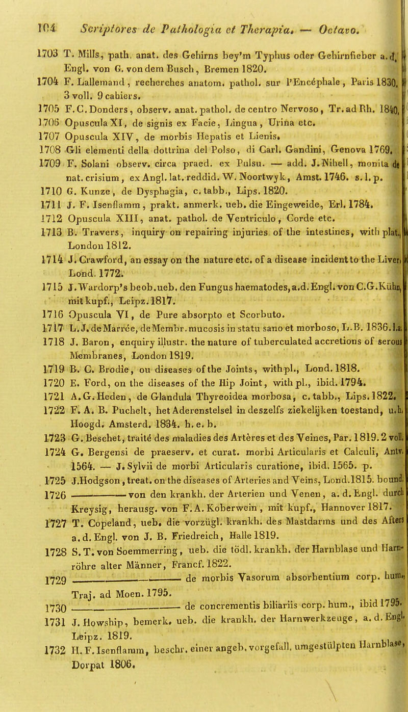 1703 T, Mills, path. anat. dcs Gehirns bey'm Typhus oder Gehirnfieber a.d^J Engl. von G. vondem Busch, Bremen 1820. 1704 F. Lallemand , recherches anatom. pathol. sur l'Enc6phale , Paris 1830jj 3 voll. 9 cabiers. 170.') F.C.Donders, observ. anat.pathol. decentro Nervoso, Tr.adRh. 1840, 1706 OpusculaXI, de signis ex Facie, Jjingua, Urina etc. ■ 1707 Opuscula XIV, de morbis Hepatis et Lienis. 1708 Gli elementi della dottrina del Polso, di Garl. Gandini, Genova 1769. ;i 1709 F. Solani observ. circa praed. ex Pulsu. — add. J.Nihell, monilai|J| nat. crisium, ex Angl. lat, reddid. W. Noortwyk, Amst. 1746. s.I.p. 1710 G. Kunze, de Dysphagia, c.tabb., Lips. 1820. 1711 J. F. Isenflamm, prakt. anmerk. ueb. die Eingeweide, Erl. 1784, 1712 Opuscula XIII, anat. pathol. de Ventriculo, Corde etc. 1713 B. Travers, inquiry on repairing injuries of the intestines, with plat., li London 1812. 1714 J. Crawford, an essay on the nature etc. of a diseafle incidentto the Liver» Lond. 1772. 1715 J.Wardorp'8beob.ueb. denFungushaematodes,a.d.Engl.vonC.G.KuhD, i' mitkupf., Leipz.1817. 1716 Opuscula VI, de Pure absorpto et Scorbuto. 1717 L.J.deMarree, deMembr.mucosis in statu sano et morboso, L.B, 1836.1.» 1718 J. Baron, enquiry illustr. the nature of tuberculated accretions of serous Mcmbranes, London 1819. 1719 B. C. Brodie, ou diseases ofthe Joints, withpl., Lond. 1818. 1720 E. Ford, on the diseases of the Ilip Joint, withpl,, ibid. 1794. 1721 A.GiHeden, de Glandula Thyreoidea morbosa, c.tabb., Lips.1822* 1722 F. A. B. Puchelt, het Aderenstelsel indeszelfs ziekel^ken toestand, u.l Hoogd. Amsterd. 1834. h. e. b. 1723 G. Beschet, trait^ des maladiesdes Arteres et des Veines, Par. 1819.2 voll. I 1724 G. Bergensi de praeserv, et curat. morbi Articularis et Calculi, Antv. 1564. — J. Sylvii de morbi Articularis curatione, ibid. 1565. p. 1725 J.Hodgson, treat. on the diseases of Arteries and Veins, Lond.1815. bound. 1726 ■ von den krankh. der Arterien und Venen, a. d.Engl. durcli Kreysig, herausg. von F. A. Koberwein , mit kupf., Hannover 1817. 1727 T. Copeland, ueb. die vorziigl. krankh. des Mastdarms und des AfterJ a.d.Engl. von J. B. Friedreich, Hallel819. 1728 S. T. von Soemmerring, ueb. die todl. krankh. der Harnblase und Haro- rohre alter Manner, Francf. 1822. 1729 ' . de raorbis Vasorum absorbentium corp. hunit) Traj. ad Moen. 1795. J73Q : . de concreraentis biliariis corp.hum., ibidl795. 1731 J.How.ship, bemerk. ueb. die krankh. der Harnwerkzeuge, a. d. Eng!* Leipz. 1819. 1732 H.F.Isenflamm, beschr. einer angeb. vorgefall. umgesliilpten Harnblase, Dorpat 1806. \ \