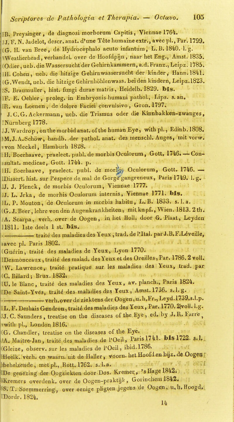 HB. Preysinger, de diagnosi morborura Capitis, Viennae 1764. IJ.F. N. Jadelot, descr. anat. d'une Telehumaineextr., avecpl.,Par. 1799. [G. H. van Bree, de Hydrocephalo acuto infantum, L. B. 1840. 1. g. ^Weatherhead, verhandel. over de Hoofdpijn , naar hetEng., Amst. 1835. (Odier, ueb. die Wassersuchtder Gehirnkammern, a.d. Franz., Leipz. 1785. IH. Cohen, ueb. die hitzige Gehirnwassersucht der kinder, Hann.1841. (G.Wendt, ueb. die hitzige Gehirnhohlenwass. beiden kindern, Leipz.1823. iS. Braumuller, hist. fungi durae matris, Heidelb. 1829. his. IF. E. Oehler, proleg. in Embryonis humani pathol., Lips. s. an, [R. van Loenen , de dolore Faciei convulsivo , Gron. 1797. J.C.G. Ackermann, ueb. die Trismus oder die Kinnbakken-zwanges, .'Niirnberg 1778. J J. Wardrop , onthe morbidanat. of the human Eye, with pl., Edinb. 1808. .SM.J.A.Schow, handb. der pathol. anat. des menschl. Auges, mit vorw. Tvon Meckel, Hamburh 1828. I H. Boerhaave, praelect. publ. de morbis Oculorum, Gott, 1746. — Con- ssultat. medicae, Golt. 1744. p. IH. Boerhaave, praelect. publ. de mor^ Oculorum, Gott. 1746. — IDissert. hist. sur 1'espece dc mal de Gorgegangreneux, Paris 1749, I. g, >■ JJ. J. Plenck, de morbis Oculorum, Viennae 1777. JJ. L. Jrka, de morbis Oculorum inlernis, Viennae 1771. bls. IL, P. Mouton, de Oculorum in raorbis habitu, L. B. 1833. s. I.a. (G. J. Beer, lehre von den Augenkrankheiten, rait kupf., Wien. 1813. 2 th. ;A. Scarpa, verh. over de Oogen, in hel HoU. door G. Plaat, Leyden 11811. Iste deels 1 st. Ms. traile des maladies des Yeux , trad. de I'llal. par J .B.F.Ldveille, aavec pl. Paris 1802. (Guerin, traild des maladies de Yeux, Lyon 1770. IDesraonceaux , trail^ des malad. des Yeux et des Oreilles, Par. 1786.2 voU. 'W. Lawreuce, trait^ pralique sur les maladies des Yeux, trad. par (G. Billard; Brux. 1832. lU. le Blanc, traiti des maladies des Yeux, av. planch., Paris 1824. TDe Saint-Yves, trait^ des maladies des Yeulc, Amst. 1736. s.l.g. verh.overde ziektensderOogen,u.h.Fr.,Leyd.l739.s.l.p. IL.F. Deshais Gendron, traile desraaladies des Yeux, Par. 1770.2|voll. l.g. JJ. C. Saunders , treatise on the diseases of the Eye, ed. by J. R. Farre ^ »with pl,, London 1816. CG. Chandler, treatise on the diseases of the Eye. ?A. Maitre-Jan, traitd des maladies de l'0eil, Parisl741. bls 1722. s.l. (Gleize, observ. sur les maladies de 1'Oeil, ibid.1786. ffleelk. verh. en waarn. uit de Haller, voorn. hetHoofdenbijz.de Oogeni hbehelzende, metpl., Rott. 1762. s.l.a. *i -ju-n , ■ : ■ ■ 1 IDe geneziug der Oogziekten door Dos. Kreihet,: 's Hage 1842. KKremers overdenk. over de Oogen-praktijk , Gorinchem 1842, ^S. T. Soemmerring, over eenige pligten jegcns de Oog?P, u,b. IIoogd>t IDordr. 1824. 14