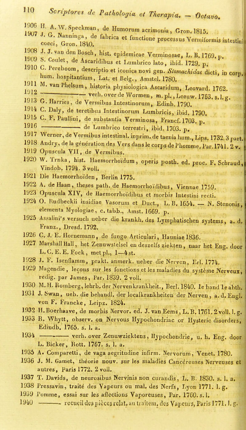 IIO Iq?)? n' ^« Humorum acrimonia, Gron. 18i5. ted ^rot isio.' '^^ IHm ''1° ' ^''^- «Pidemicac Verminosae, L. B. 1769. p. IMJ b. Coulet, de Ascaridibus et Lumbrico lato, ibid, 1729. p. 1910 C. Pereboom, descriptio et iconica novi gen. Siomachidat dicti, in corp hum. bospitantium, Lat. et Belg., Amstel. 1780. 19U M. vanPhelsum, historia phjsiologica Ascaridum, Leovard. 1762. lon I „ . verh.overdeWormen, m.pl.,Leeuw. 1763. 5.1.g. iJld Lr. Harnes, de Vermibus Intestinorum, Edinb. 1790. , 1914 C. Daly, de teretibiis Intestinorum Lumbricis, ibid. 1790. 1915 C. F. Paullini, de substantia Verminosa, Francf. 1703. p. 1916 de Lumbrico terrestri, ibid. 1703. p, i 1917 Werner, de Vermibus intestinal. inprim. de taenia hum., Lips. 1732.3 part.l 1918 Andry, de la gdneration des Vers dans le corps de l'horame, Tar 1741 2 v k 1919 Opuscula VII, de Vermibus. 1920 AV. Trnka, hist. Haemorrhoidum, operis poslh. ed. proc. F. Schraud. Vindob. 1794. 3voll. 1921 Die Haemorrhoiden, Berlin 1775. 1922 A. dcHaan, theses path. de Haemorrhoidibus, Viennae 1759. 1923 Opuscula XIV, de Haemorrhoidibus et morbis Inleslini recti. 1924 O. Hudbeckii insidiae Vasorum et Duct., L, B. 1654. — W. Stenonis, elementa Myologiae, c. tabb,, Amst. 1669. p. 1925 As.-^alini-s versuch ueber die krankh. des Lymphatischen systems, a. d. Franz., Dresd. 1792. 1926 C. J. E. Hornemann, de fungo Articulari, Hauniae 1836, 1927 MarshallHall, het Zenuwstelsel en deszelfs ziekien, naar het Eng. door L.C.E.E. E^ock, raetpl., 1—4st. 1928 J. F. Isenflamm, prakt. anmerk. ueber die Nerven, Erl. 1774. 1929 Magendie, lecous sur les fonctions et les maladies du sys^^pie Nerveux, redig. par James, Par. 1839. 2 voll. 1930 M.H,Romberg,lehrb.derNervenkrankheit., Berl. 1840. le band le abth. 1931 J. Swan, ueb. die behandl. der localkrankheiten der Nerven, a. d. Eugl. von F. Francke, Leipz. 1824. 1932 H.Boerhaave, de morbis Nervor. ei. J. van Ecms, L.B^ 1761.2voll. 1. g, 1933 R. Whytt, observ. on Neryous Hypochondriac or Hysteric disorders, Edindb. 1765, s. 1. a. 1934 verh. over Zenuwziektens, Ilypochondrie, u. h. Eng. door L. Bicker, Rott. 1767. s. 1. a. 1935 A. Comparetti, de vaga aegritudine infirm. Nervorum, Venet. 1780. 1936 J. M. Garaet, th^orie nouv. sur les maladies Canc(5reuses Nerveuses el aulres, Paris 1772. 2 voll. 1937 T. Davids, de neurosibus Nervinis non curandis, L, B. 1830. s. 1. a, 1938 Pressavin, traite des Vapeurs ou mal. des Nerfs, I/yon 1771. 1. g. 1939 P omme, cssai sur les ailcctions Vaporeuses, Par. 1760. s.l. 1940 rccueildcspiccesicIaLan trailem, dcs Vapcui s, Paris 1771,1.