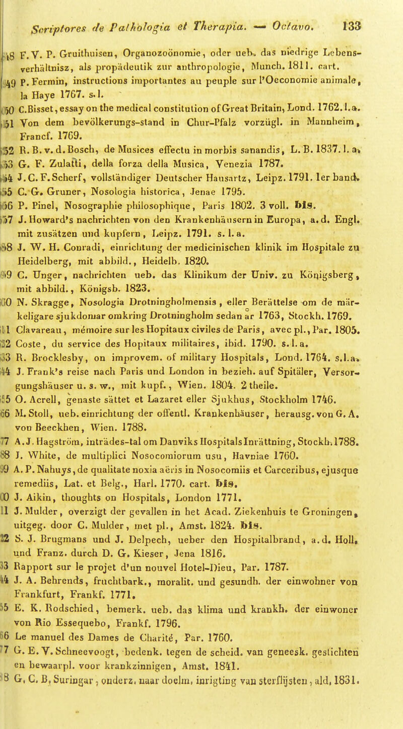 •i8 F. V. P. Gruithuisen, Organozoononiie, odcr uehv das niedrige Lebens- verhiiltnisz, als propiideutik zur anthropologie, Munch. 1811. cart. i49 P.Fermin, instructions iraportantes au peuple sur l'Oeconomie animale, la Haye 17G7. s.l. 1^50 C.Bisset, essay on the medical constitulion of Great Britain, Lond. 1762.1.». 151 Von dem bevolkerungs-stand in Chur-Pfalz vorziigl. in Mannheim, Francf. 1769. 152 R. B. V. d.Bosch, de Muslces effectu in morbis sanandis, L. B. 1837.1. a> kS3 G. F. Zulatli, della forza della Musica, Venezia 1787. -)i4 J.C.F.Scherf, voUslandiger Deutscher Hausnrtz, Leipz. 1791. ler band» 5 C. G. Gruner, Nosologia historica, Jenae 1795. i66 P. Pinel, Nosographie philosophique, Paris 1802. 3 voU. Ms. ^/)7 J. Howard's nachrichten von den Krankenhausern in Europa, a.d. Engl. mit zusatzen und kupfern, Leipz. 1791. s. 1. a. )iif8 J. W. H. Couradi, eiurichtung der mediciniscben klinik im Hospitale zu Heidelberg, mit abbild., Heidelb. 1820. ^^•9 C. Unger, nachrichten ueb. das Klinikum der Univ. zu Koqigsberg, mit abbild., Konigsb. 1823. iOO N. Skragge, Nosologia Drotningholmensis , eller Beriittelse om de mar- keligare sjukdomar orakring Drotningholm sedan ar 1763, Stockh. 1769. iH Clavareau, memoire sur lesHopitaux civiles de Paris, avecpl.,Par. 1805. 122 Coste, du service des Hopitaux militaires, ibid. 1790. s. l.a. 133 R. Brocklesby, on improvem. of military Hospitals, Lond, 1764. s.l.a» 144 J.rrank'3 reise nach Paris und London in bezieh. auf Spitiiler, Yersor- gungshauser u. s. w., mitkupf., Wien. 1804. 2 theile. if5 O. Acrell, genaste sattet et Lazaret eller Sjukhus, Stockholm 1746. 66 M.StoU, ueb. einrichtung der oflentl. Kraukenhauser, herausg. von G. A. von Beeckhen, Wien. 1788. 77 A. J. Hagstrcira, intrades-tal om Danviks Ilospitalslnrattning, Stockh. 1788. 88 J. White, de raultiplici Nosocomiorum usu, Havniae 1760. 99 A, P. Nahuys, de qualitate noxia aeris in Nosocoraiis et Carceribus, ejusque remediis, Lat, et Belg,, Harl. 1770. cart. Ws. OO J. Aikin, thoughts on Hospitals, London 1771. 11 J, Mulder, overzigt der gevallen in het Acad, Ziekeuhuis te Groningen, uitgeg. door C. Mulder, met pl., Amst. 1824. bls. 22 S, J, Brugmans und J. Delpech, ueber den Hospitalbrand, a.d. HoU, und Franz. durch D. G. Kieser, Jena 1816. 33 Rapport sur le projet d'un nouvel Hotel-Dieu, Par. 1787. 44 J. A. Behrends, fruchlbark., moralit. und gesundh. der einwohner von Frankfurt, Frankf. 1771. 55 E. K. Rodschied, bemerk. ueb. das klima und krankb. der einwoner von Rio Essequebo, Frankf. 1796. 66 Le manuel des Dames de Charit^, Par. 1760. '7 G. E. V. Schneevoogt, bedenk. tegen de scheid. van geneesk. geslichtcri en bewaarpl. voor krankzinnigen, Amst. 1841. ■8 G, C. B, Suringar , ouderz. uuar doclm, inrigliDg vnn sterflijslcn, ald, 1831.