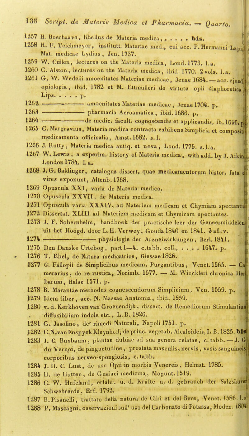 130 Script. de Materie Medica et Pharniacia. Quarto. 1257 H. Boerhaavc, libcllus de Materia medica, ..... bls. 1258 H. F, Teichmeycr, instiiutt. Matcriae med., cui acc. P. Hermauni Lapj! Mat. medicae Lydius , Jeu. 1737. 1259 W. Cullen, leclures on ihe Materia medica, Lond. 1773. 1. a. 1260 C. Alston, lectures on the Materia medica, ibid 1770. 2vols. l.a. 1261 G. W. Wedelii amoenitates Materiae medicae, Jenae 1684. acc. ejusi opiologia, ibid. 1782 et M. Ettmulleri de virtute opii diaphoretica Lips p. 1262 —i amoenitates Materiae medicae , .lenae 1704. p. 1263 pharmacia Acroamatica, ibid. 1686. p. 1264 de medic. facult. cognoscendis et applicandis, ib.l696, 1265 C. Margravius, Materia medica contracta exhibens bimplicia el compos: medicamenta officinalia, Amst. 1682. s. 1. 1266 J. Rntty, Materia raedica anliq. et nnva , Lond. 1775. s. 1. a. 1267 W. Lewis, a experim. history of Materia raedica, with add. by J. Aikj Londonl784. l.a. 1268 J.G. Baldinger, catalogus dissert. quae medicamentorum bistor. fata vires exponunt, Altenb. 1768. 1269 Opuscula XXI, varia de Materia medica. 1270 Opuscula XXVII, de Materia medira. 1271 Opuscula varia XXXIV, ad Materiem raedicam et Chymiam spectantii 1272 Dissertat. XLIII ad Materiem niedicam et Chymicam spectantes. 1273 i. F. Sobernheim, handhoek der praclische leer der Genee^nnddeleii uit het Hoogd. door L.H. Verwey, Gouda 1840 en 1841. Saflev. 1274 physiologie der Arzneiwirkuugen, Berl. 1841. 1275 Den Danske Urtebog , partl—4. c.tabb. coll., .... 1647. p. 1276 T. Ebel, de Natuta medicalrice, Giessae 1826. 1277 G. Fallopii de Simplicibus medicam. Purgantibus, Venet. 1565. — Ca raerarius, de re rustica, Norimb. 1577, — M. Winckleri chrouica Hei barura, Halae 1571. p. 1278 B. Marantae methodus cognescendorum Simplicium, Ven. 1559. p. J279 Idera liber, acc. N. Massae Anatomia, ibid. 1559. 1280 V. d. Kerkhoven van Groenendijk, dissert. de Remediorum Stimulantiai diffusibiliura indole etc., L. B. 1826. 1281 G. Jasolino, de» rimedi Naturali, Napoli 1751. p. J282 C.N.vanEnspyckKleynhoirj deprinc. vegetab. Alcaloideis, L.B. 1825. bll 1283 J. C. Buxbaum , piantae dubiae ad sua genera relatae, c. tabb.—J. ( du Vern,oi, de pinguetudine , prostata masculis, nervis, vasis sanguineli corporibus nerveo-spongiosis, c. tabb. ^ 1284 J. D. C. Lust, de usu Op in morbis Venereis, Helmst. 1785. 1285 H. de Hutten, de Guaiaci medicina, Mogunt.1519. ' 1286 C. W. Hufeland, erlahr. u. d. Krafte u. d. gebrauch der Salzsiiurer Schwehrerde, Erf. 1792. 1287 B.Pisanelli, traltalo della natura de Cibi et del Bere, Vcnet, 1586. l.a'l 1288 P. Mascagni, osservazioni suU' uso del Carbonato di Potassa, Moden. iSO^