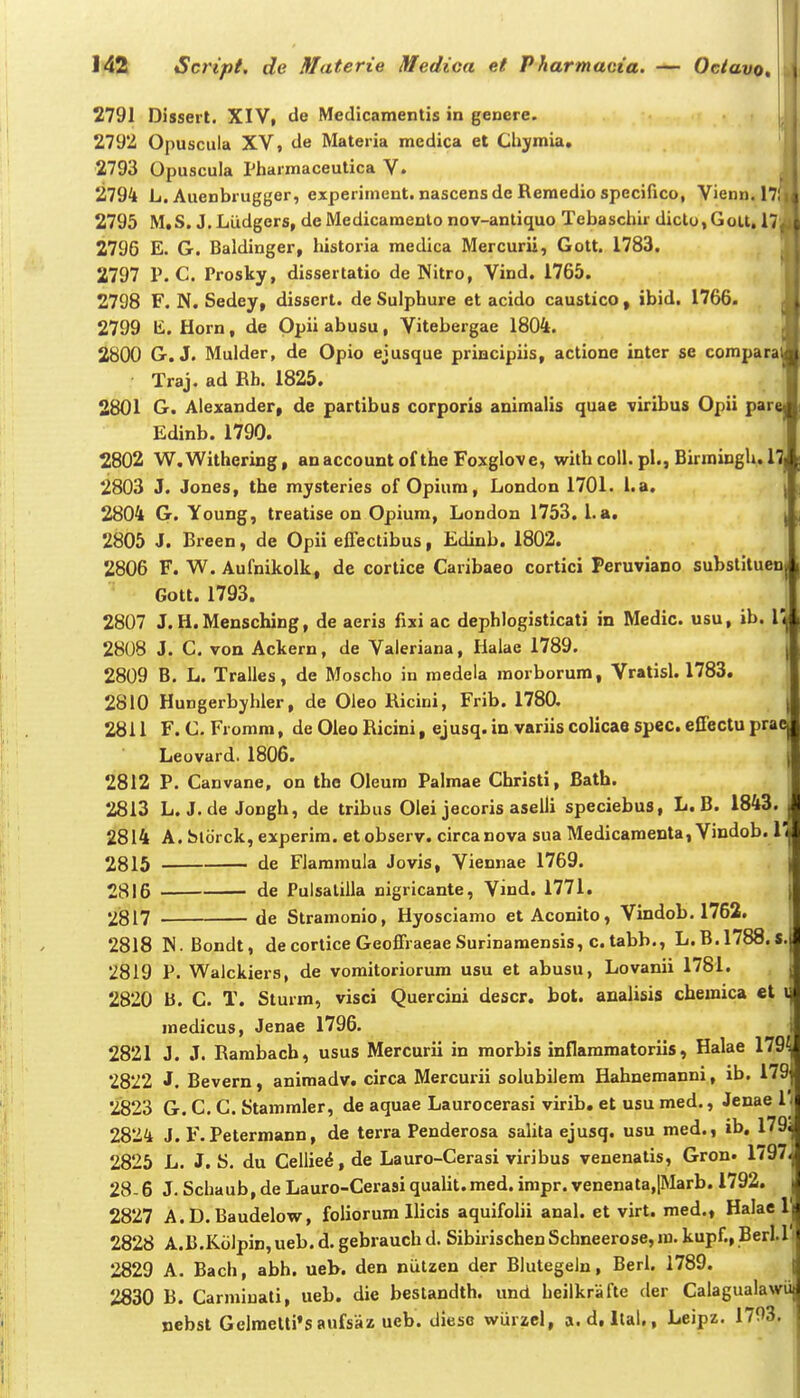 II I 142 Script, de Materie Medica et Pharmacia. — Ociavo 2791 Dissert. XIV, de Medicamentis in genere. 2792 Opuscula XV, de Materia medica et Chymia, 2793 Opuscula Pharmaceutica V. 2794 L. Auenbrugger, experiment. nascens de Reraedio specifico, Vienn. 17 2795 M,S. J.Ludgers, de Medicamento nov-anliquo Tebaschir dictu,GoU. 171 2796 E. G. Baldinger, historia medica Mercurii, Gott. 1783. 2797 P. C. Prosky, dissertatio de Nitro, Vind. 1765. 2798 F. N. Sedey, disserl. de Sulphure et acido caustico, ibid. 1766. 2799 li. Horn, de Opii abusu, Vitebergae 1804. 2800 G. J. Mulder, de Opio ejusque principiis, actione inter se compara Traj. ad Bb. 1825. 2801 G. Alexander, de partibus corporis animalis quae viribus Opii par^ Edinb. 1790. 2802 W.Withering, anaccount of the Foxglove, withcoll.pl., BirmingU.n 2803 J. Jones, the mysteries of Opium, London 1701. l.a. \ 2804 G. Young, treatise on Opium, London 1753. l.a. j 2805 J. Breen, de Opii effectibus, Edinb. 1802. 2806 F. W. Aufnikolk, de cortice Caribaeo cortici Peruviano subslituen| Gott. 1793. 2807 J. H. Mensching, de aeris fixi ac dephlogisticati in Medic. usu, ib. \\ 2808 J. C. von Ackern, de Valeriana, lialae 1789. 2809 B. L. Tralles, de Moscho in medela morborum, Vratisl. 1783. 2810 Hungerbyhler, de Oleo Bicini, Frib. 178a 2811 F. C. Fromm, de Oleo Bicini, ejusq. in variis colicae spec. effectu pra Leovard. 1806. 2812 P. Canvane, on the Oleum Palmae Christi, Bath. 2813 L. J.de Jongh, de tribus Olei jecoris aselli speciebus, L. B. 1843. 2814 A. btorck, experim. etobserv. circanova sua Medicaraenta,Vindob. Vi^ 2815 de Flammula Jovis, Viennae 1769. 2816 de Pulsalilla nigricante, Vind. 1771. 2817 de Stramonio, Hyosciamo et Aconito, Vindob. 1762. 2818 N.Bondt, de cortice Geoffraeae Surinamensis, c. tabb., L.B.1788.S.| 2819 P. Walckiers, de vomitoriorum usu et abusu, Lovanii 1781. j 2820 B. C. T. Sturm, visci Quercini descr. bot. analisis chemica et i| medicus, Jenae 1796. i 2821 J. J. Bambacb, usus Mercurii in morbis innaramatoriis, Halae 179?| ISTl J. Bevern, animadv. circa Mercurii solubilem Hahnemanni, ib. 179| 2823 G. C. C. Stammler, de aquae Laurocerasi virib. et usu med., Jenae 1 * 2824 J. F.Petermann, de terra Penderosa salita ejusq. usu med., ib. 179. 2825 L. J. S. du Cellied, de Lauro-Cerasi viribus venenatis, Gron. 1797. 28-6 J. Schaub,deLauro-Cerasiqualit.med.impr.venenata,|Marb. 1792. i 2827 A.D.Baudelow, foliorum llicis aquifolii anal. et virt. med., Halae l.s 2828 A.B.K6lpin,ueb. d. gebrauch d. Sibirischen Schneerose, m. kupf., BerM'« 2829 A. Bach, abh, ueb. den niitzen der Blutegeln, Berl. 1789. 2830 B. Carmiuati, ueb. die bestandth. und heilkrafte der Calagualawu. nebst Gelraelti»saufsaz ueb. diesc wurzel, a.d, Ital,, Leipz. 1703.