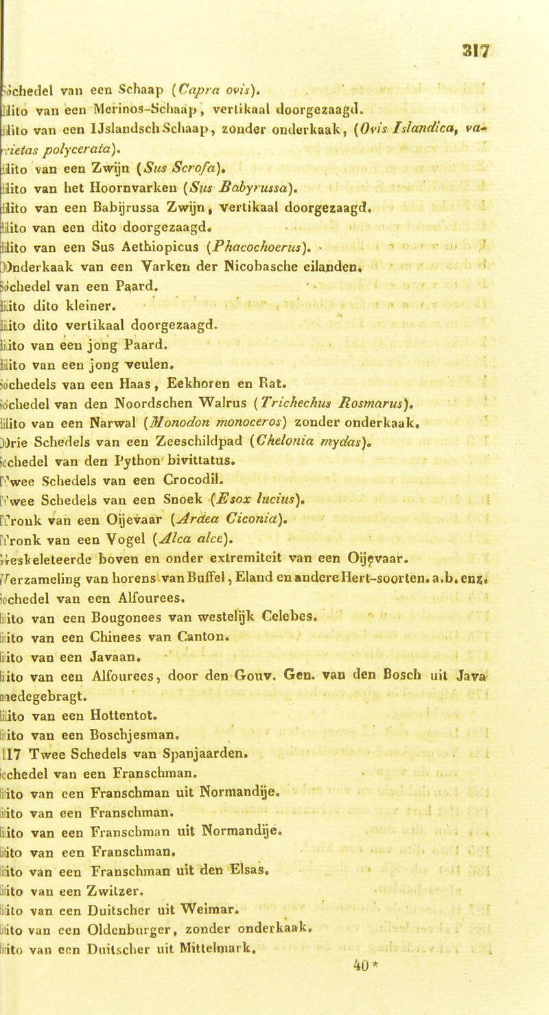 N)checlel van een Schaap {Capra ovis), lilito van een Merinos-Schaap, vertikaal doorgczaagil. Hito van een IJslandschSchaap, zouder ondorkaak, {Ovis Islandica, va- rietas polycerata). ilito van een Zwijn {Sus Scrofa), Uito van het Hoornvarkeu {Sus Babyrussa). llito van een Babijrussa Zwijn, vertikaal doorgezaagd. lilito van een dito doorgezaagd. lilito van een Sus Aethiopicus {Phacochoerus). • »nderkaak van een Varken der Nicobasche eilanden. Siichedel van een P^ard, luito dito kleiner. li.ilo dito vertikaal doorgezaagd. liito van een jong Paard. lilito van een jong veulen, jdchedels van een Haas, Eekhoren en Rat. idchedel van den Noordschen Walrus (Trichechus Rosmarus), lilito van een Narwal {Monodon monoceros) zonder onderkaak, 3i)rie Schedels van een Zeeschildpad (CAelonia mydas). icchedel van den Python bivittatus. r Vee Schedels van een Crocodil. [''wee Schedels van een Snoek {Esox lucius). riVouk van een Oijevaar {Ardea Ciconia). riVonk van een Vogel {Alca alce). ireskeleteerde boven en ondcr extremiteit van een Oljfvaar. /^/■erzameling van horens van BufFel, Eland en andereHert-soorten. a.b. en?. icchedel van een Alfourees. liito van een Bougonees van westelijk Celebes. liito van een Chinees van Canton. iiito van een Javaan. liito van een Alfourecs, door den Gouv. Gen. van den Bosch uit Java niedegebragt. liiito van een Hottentot. liito van een Boschjesman. 117 Twee Schedels van Spanjaarden, icchedel van een Franschman. liito van een Franschman uit Normandije. iiiito van een Franschman. Irito van een Franschman uit Normandije. lilito van een Franschman. liito van een Franschman uit den Elsas, iiiito van een Zwitzer. liito van een Duitscher uit Welmar. liiito van cen Oldenburger, zonder onderkaak. liito van ecn Dnilscher uit Mittelmark. 40*