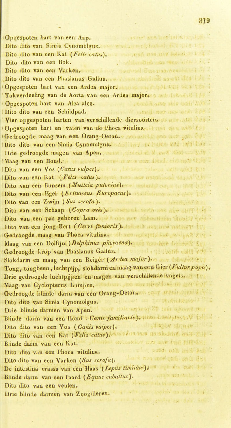 ai9 I OpiTespoten liart van een Aap, Dito ilito van Simia Cynomolgus. Dito dito vau cen Kat {Felis catus). Dito dito van cen Bok. Dito (lito van cen Vaikcn. Dito dito van cen Pliasianus Gallus. lOpgespoten harl vau een Ardoa major. ' Takverdeeling van de Aorla vau eeu Ardea roajor. Opgespoten hart van Alca alce- ! Dito dito van cen Schildpad. Vier opgespoteii harteu van versciiillende diersoorter»» . ^ ' Opgespoten harl en valen van de Phoca vitulina - iGedroogdc- maag van een Orang-Oetau. Dito dito van een Simia Cynomolgus. Drie gedroogde magcn vau Apen. Maag van cen Iloud.- 1 Dito van een Vos {Canis vulpes), 1 Dito van eeu Kat (Fehs <:atus). Dito van een Bunsem (Iffus/ela putorius). Dilo van eeu Egel {Erinaceus Europaeus). Dito van een Zwijn {Sus scrofa). Dito van een Schaap [Capra ovis). Dito van een pas geboren Lam. i ■ Dito van eeu jong Hcrt (Cervi jhnioris'). I Gedroogde maag vau Phoca vitulina. Maag van cen DoKiju {Belphinus phocacna). I Gedroogde krop van Phasianus Gallus. iSiokdarm en niaag van een Reiger {jirdea rnnjor). ' Tong, tongbeeu , luchtpijp, slokdarm en maag van een Gier {FuUurpapn)* Drie gedroogde luchlpijpen eu magcn vau veracluil«nUe vogdis. ' : Maag vau Cyclopterus Lumpus. . ' Gedroogde blinde darui Van ecn Orang-Oetan, Dito dilo van Simia Cynomolgus. : Drie blinde darmen van Apeu. Blinde darm vau eeu Ilond . Canis familiaris), Dito dilo vau een Vos (Canis vuipes), Dilo dilo vau een Kal {Felis catus). ' ! Blinde darm van een Kal. Dito dito van een rhoca vitulina. Dito dito van een Varken {Sus scrofa). De intestina crassa vau ecn Haas fiiniclus^i Blmde darui vau een Taard {^Equus caballus). Dito dito vau cen veuleu. Drie blinde darmen van Zoogdieren.
