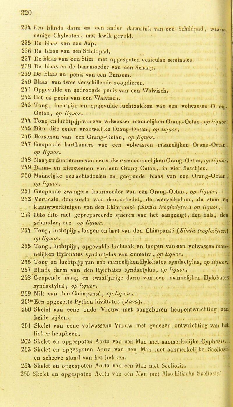 n20 234 Een bHncle tlai tn «n een anrlcr rlarmslnk Van cen Schiltliiatl, waaiop ecnigc Cli^lvalcn, nicl Itwik gcvultl, 235 De blaus van ccn Aap. 236 Dc blaas van cen Scliiltlparl, 237 Dc blaas van ccn Slicr niet opgespolcn vcsiculae scminalcs. 238 Dc blaas en de baarmoctler vau cen Schaap. 239 De blaas en peois van ceu Bunscm. 2'i0 Blaas van Iwce vorschillentlc zoogdicren. 241 Oj^gevuldc en gedroogdc pcuis van een Walvisch. 2'i2 llel os pcnis van ccn Walvisch. 2'i3 Tong, luclitpijp cn opgevuldc luchtzakken van ecn volwasscn Orangi^ Octan, op liquor, 2'«'* Tong^ cn luchlpijp van een volwassen mannclijkcn Orang-Oelan , o/>//(/«or, 2'l5 Dito dito ccncr vrouwelijkc Oraug-Oetan, op liquor, 2i6 Heiscnen van cen Orang-Oetan, op liquor, Ihl Gcopcnde harlkamers van cen volwassen maunelljken Orang-Oclan, op liquor, 2il8 Maagenduotlcnum van cenvolwasseu maunelijkcnOrang Oclan, opliquori 249 Darm- en niersleenen vaii eon Oiang-Outan, in vicr flcsclijcs, 1 250 IVIanncIijke geslachlsdcelcn cn gcopcndc blaas van eep Orang-Oclan,! op liguor. 251 Gcopende zwaugcre baarmoedcr van cen Orang-Oetan, op liquor, 252 Verlicalc doorsnedc vau dcu schcdcl, de werveikolom, de stem cij kaauwwcrktuigen van dcn Chinipausc {Simia croglodytes.) op liquor, 253 Dito dito met geprcparccrde spiercn van hct aangezigt, den hals, den schouder, enz. op liguor. 254 Tonjj, luchtpijp, longcn cn hait vau dcn Chimpans6 {Simia iroglodyles.) op liquor, 255 Tong, luchtpijp, opgevulde luchtzak en longen vanecn volwasscu man- .. nG,lijkeD Hjflobales sjndact_ylus vau Sumatra, op liquor, 256 Tong en luchtpijpyan ecn mannelijkenIlylobatcs syndaclylus, opliquor, 257 Blinde darm van den Hylobates syndaclylus, op liguor, 258 Gcopcnde maag cn twaalfjarigc darin van ccn inannelijkcn Ilylobales syndactylus , op liquor, 259 Milt van den Chimpanse, op liquor, 259*Ecn opgezette Python blvillalus [^Java), 260 Skclet van eene oude Vrouw. ittet a^jigeboren heupontvvrichticg aa». beide zijden. 261 Skelet van eene volwassene Vr.ouw mct gcnezcn . onlwrichling van hct Jinkcr heupbeen, 262 Skclct en opgespotQn Aorla van ccn Man met aanincrkclijkc Cyphosis. . 263 Skclct en opgespotcn Aorta van cen Man nicl aaumerkciijkc ScoliosiS en scheeve sland van het bekkcu. ' 264 Skclcl cn opgcspotcu Aorta vau ccu Mau luel Scoliosis. 265 iikclcl tto oj>ge5potcn Aoita vau ecii .Miui juel JUiai.hili.scIic fcicnlinsit,'