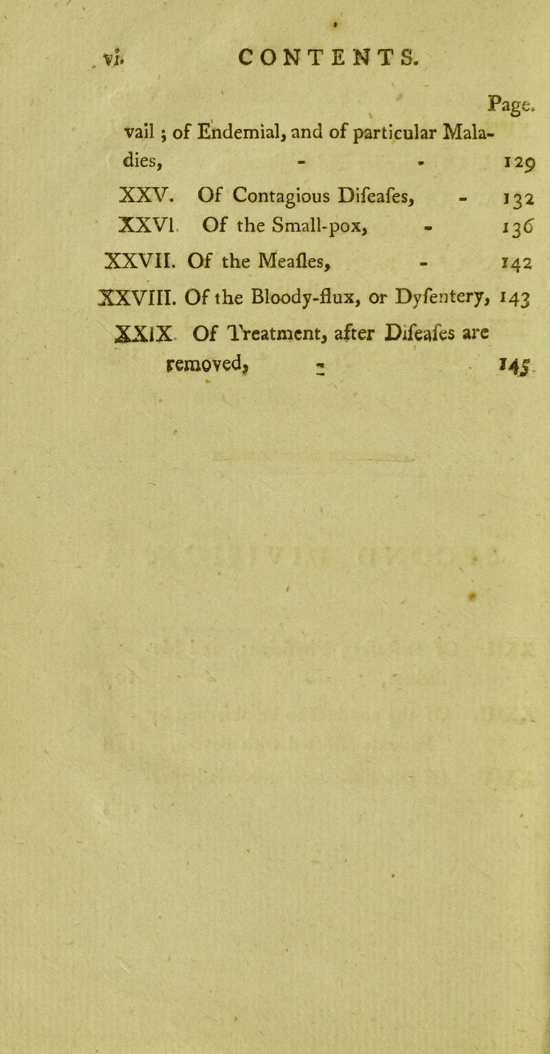 , Page. vail; of Endemial, and of particular Mala- dies, - - 129 XXV. Of Contagious Difeafes, - 132 XXVI Of the Small-pox, - 136 XXVII. Of the Meafles, - 142 XXVIII. Of the Bloody-flux, or Dyfentery, 143 XXiX Of Treatment, after Difeafes arc removed, - 145