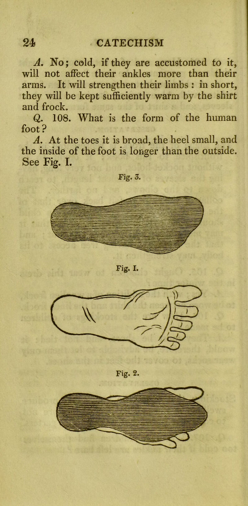 A. No; cold, if they are accustomed to it, will not affect their ankles more than their arms. It will strengthen their limbs : in short, they will be kept sufficiently warm by the shirt and frock. Q. 108. What is the form of the human foot? A. At the toes it is broad, the heel small, and the inside of the foot is longer than the outside. See Fig. I. Fig. 3. Fig. I. Fig. 2.