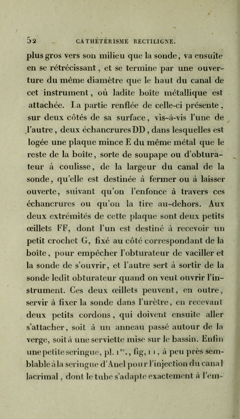 plus gros vers sou milieu que la sonde, va ensuite en se rétrécissant, et se termine par une ouver- ture du même diamètre que le haut du canal de cet instrument, où ladite boîte métallique est attachée. La partie renflée de celle-ci présente , sur deux cotés de sa surface, vis-à-vis Lune de .l’autre, deux échancrures DD, dans lesquelles est logée une plaque mince E du même métal que le reste de la boîte, sorte de soupape ou d’obtura- teur à coulisse, de la largeur du canal de la sonde , qu’elle est destinée à fermer ou à laisser ouverte, suivant qu’on l’enfonce à travers ces échancrures ou qu’on la tire au-dehors. Aux deux extrémités de cette plaque sont deux petits œillets FF, dont l’un est destiné à recevoir un petit crochet G, fixé au côté correspondant de la boîte, pour empêcher l’obturateur de vaciller et la sonde de s’ouvrir, et l’autre sert à sortir de la sonde ledit obturateur quand on veut ouvrir l’in- strument. Ces deux œillets peuvent, en outre, servir à fixer la sonde dans l’urètre, en recevant deux petits cordons, qui doivent ensuite aller s’attacher, soit à un anneau passé autour de la verge, soit à une serviette mise sur le bassin. Enfin une petite seringue, pi. G*’., fig, i i, à peu près sem- hlableàla seringue d’Anel pour l’injection du canal lacrimal, dont le tube s’adapte exactement à l’em-
