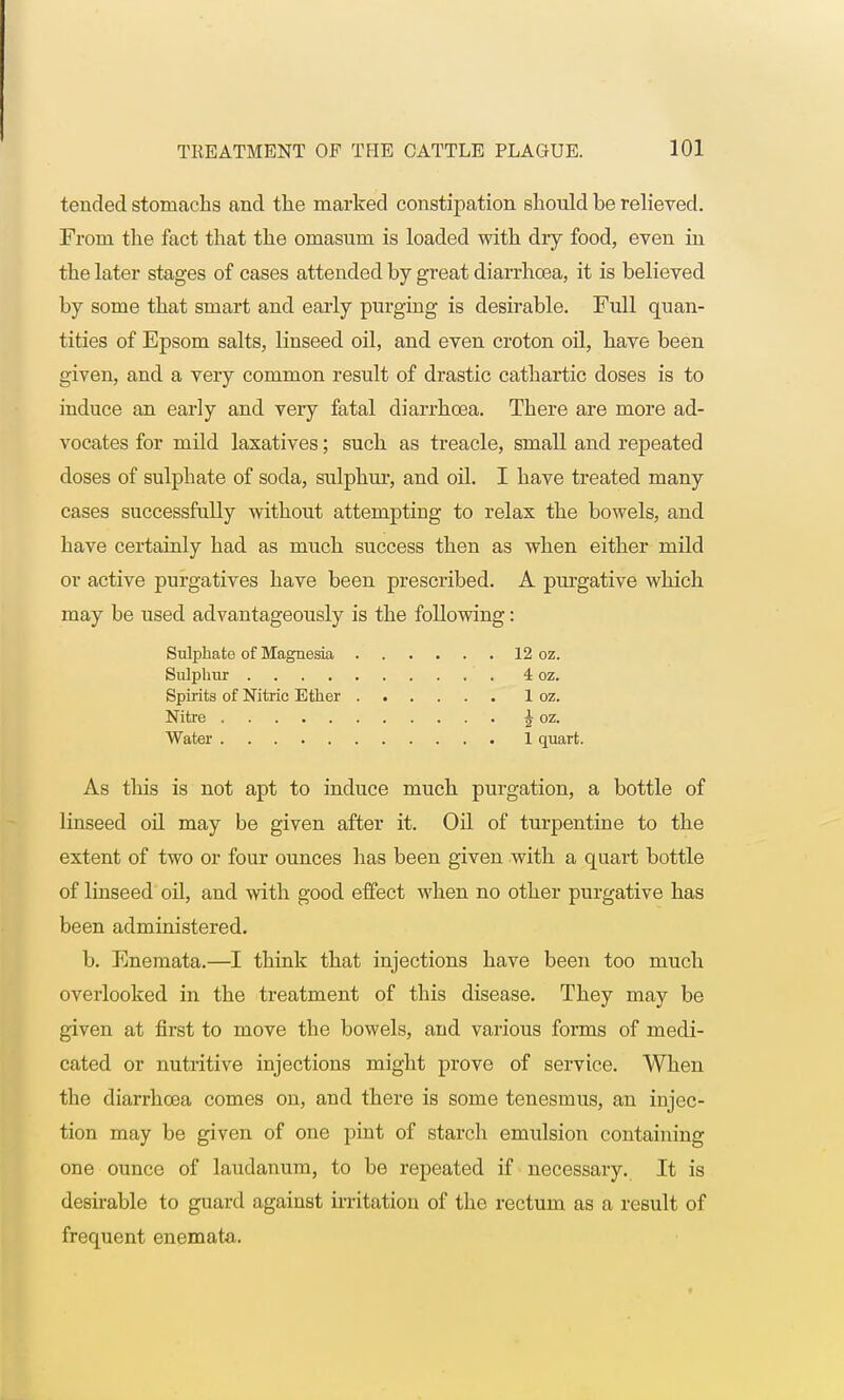 tended stomachs and the marked constipation should be relieved. From the fact that the omasum is loaded with dry food, even in the later stages of cases attended by great diarrhoea, it is believed by some that smart and early purging is desirable. Full quan- tities of Epsom salts, linseed oil, and even croton oil, have been given, and a very common result of drastic cathartic doses is to induce an early and very fatal diarrhoea. There are more ad- vocates for mild laxatives; such as treacle, small and repeated doses of sulphate of soda, sulphur, and oil. I have treated many cases successfully without attempting to relax the bowels, and have certainly had as much success then as when either mild or active purgatives have been prescribed. A purgative which may be used advantageously is the following: As this is not apt to induce much purgation, a bottle of linseed oil may be given after it. Oil of turpentine to the extent of two or four ounces has been given with a quart bottle of linseed oil, and with good effect when no other purgative has been administered. b. Enemata.—I think that injections have been too much overlooked in the treatment of this disease. They may be given at first to move the bowels, and various forms of medi- cated or nutritive injections might prove of service. When the diarrhoea comes on, and there is some tenesmus, an injec- tion may be given of one pint of starch emulsion containing one ounce of laudanum, to be repeated if necessary. It is desirable to guard against irritation of the rectum as a result of frequent enemata. Sulphate of Magnesia . Sulphur Spirits of Nitric Ether . Nitre Water 12 oz. 4 oz. 1 oz. i oz. 1 quart.