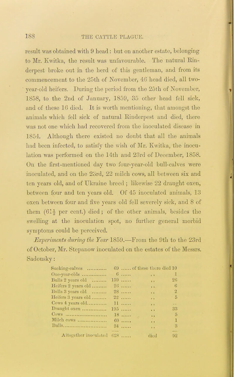 result was obtained with 9 head: but on another estate, belonging to Mr. Kwitka, the result was unfavourable. The natural Ein- derpest broke out in the herd of this gentleman, and from its commencement to the 25th of November, 46 head died, all two-  year-old heifers. During the period from the 25th of November, 1858, to the 2nd of January, 1859, 35 other head fell sick, and of these 1C died. It is worth mentioning, that amongst the animals which fell sick of natural Rinderpest and died, there was not one which had recovered from the inoculated disease in 1854. Although there existed no doubt that all the animals had been infected, to satisfy the wish of Mr. Kwitka, the inocu- lation was performed on the 14th and 23rd of December, 1858. On the first-mention eel clay two four-year-old bull-calves Avere inoculated, and on the 25rd, 22 milch cows, all between six and ten years old, and of Ukraine breed ; likewise 22 draught oxen, between four and ten years old. Of 45 inoculated animals, 13 oxen between four and five years old fell severely sick, and 8 of them (61^ per cent.) died; of the other animals, besides the swelling at the inoculation spot, no further general morbid symptoms could be perceived. Experiments during the Year 1859.—From the 9th to the 23rd of October, Mr. Stepanow inoculated on the estates of the Messrs. Sadousky: Sucking-calves 69 of these there died 10 One-year-olds 6 ,. Bulls 2 yenrs old 159 Heifers 2 years old 26 Bulls 3 years old 28 Heifers 3 years old 22 Cows 4 years old 1L Draught, oxen 195 Cows 18 Milch cows 60 Bulls 34 26 6 2 5 33 5 1 3 Altogether inoculiitofl 628 died 92
