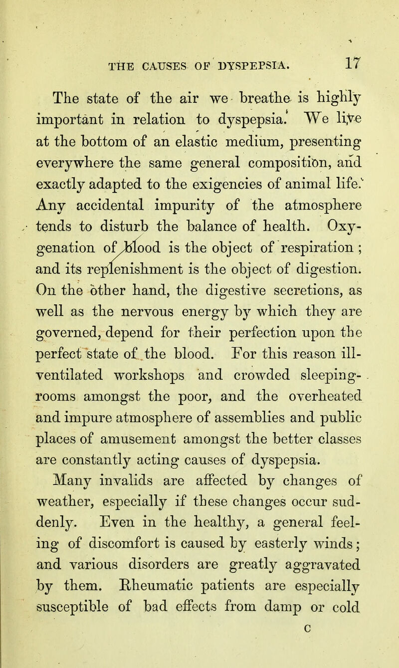 The state of tlie air we breatha is higKly important in relation to dyspepsia. We liye at the bottom of an elastic medium, presenting everywhere the same general composition, and exactly adapted to the exigencies of animal life.' Any accidental impurity of the atmosphere tends to disturb the balance of health. Oxy- genation of/blood is the object of respiration ; and its replenishment is the object of digestion. On the other hand, the digestive secretions, as well as the nervous energy by which they are governed, depend for their perfection upon the perfect state of the blood. For this reason ill- ventilated workshops and crowded sleeping- rooms amongst the poor, and the overheated and impure atmosphere of assemblies and public places of amusement amongst the better classes are constantly acting causes of dyspepsia. Many invalids are affected by changes of weather, especially if these changes occur sud- denly. Even in the healthy, a general feel- ing of discomfort is caused by easterly winds; and various disorders are greatly aggravated by them. Rheumatic patients are especially susceptible of bad effects from damp or cold