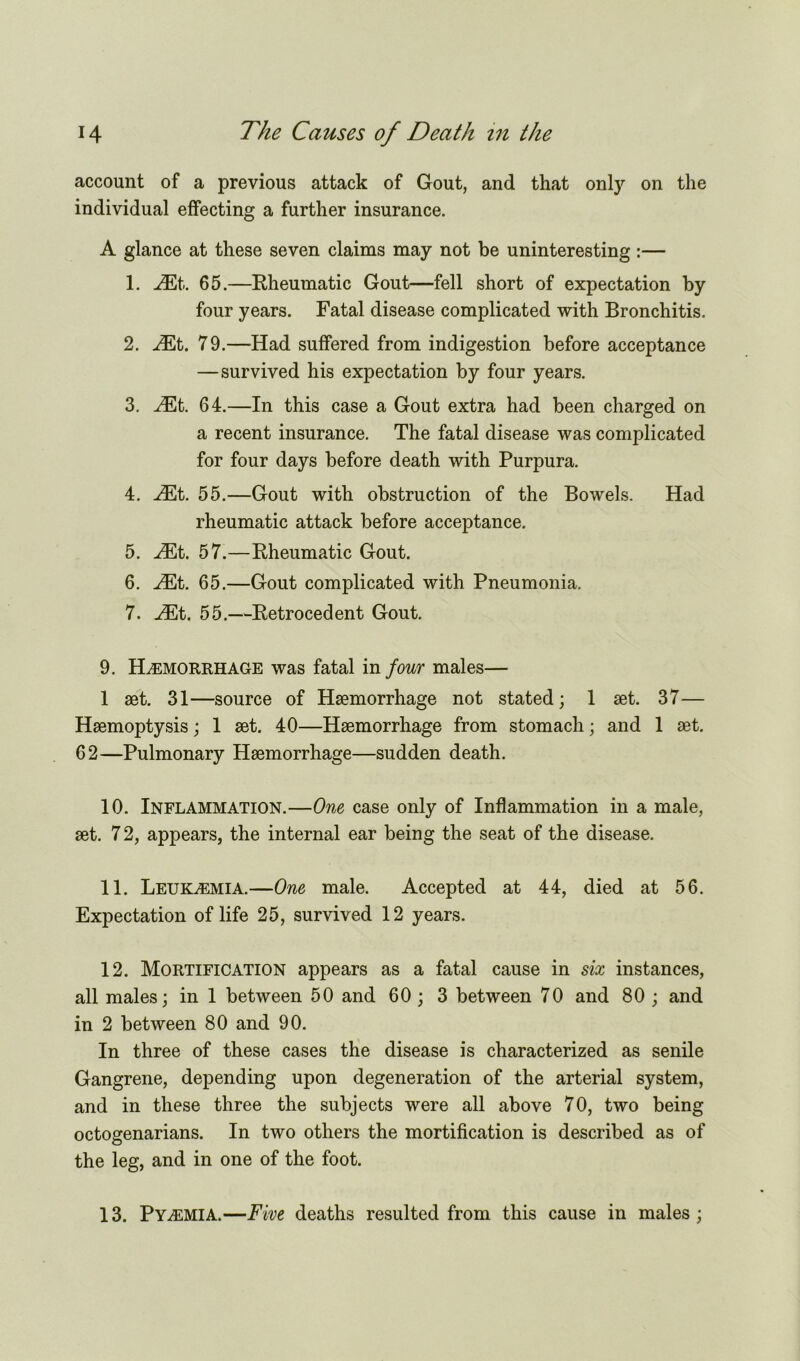 account of a previous attack of Gout, and that only on the individual effecting a further insurance. A glance at these seven claims may not be uninteresting :— 1. JEt. 65.—Rheumatic Gout—fell short of expectation by four years. Fatal disease complicated with Bronchitis. 2. HSt. 79.—Had suffered from indigestion before acceptance —survived his expectation by four years. 3. JEt. 64.—In this case a Gout extra had been charged on a recent insurance. The fatal disease was complicated for four days before death with Purpura. 4. JEt. 55.—Gout with obstruction of the Bowels. Had rheumatic attack before acceptance. 5. Hilt. 57.—Rheumatic Gout. 6. H£t. 65.—Gout complicated with Pneumonia. 7. JEt. 55.—Retrocedent Gout. 9. Haemorrhage was fatal in four males— 1 aet. 31—source of Haemorrhage not stated; 1 aet. 37— Haemoptysis; 1 aet. 40—Haemorrhage from stomach; and 1 aet. 62—Pulmonary Haemorrhage—sudden death. 10. Inflammation.—One case only of Inflammation in a male, aet. 7 2, appears, the internal ear being the seat of the disease. 11. Leukaemia.—One male. Accepted at 44, died at 56. Expectation of life 25, survived 12 years. 12. Mortification appears as a fatal cause in six instances, all males; in 1 between 50 and 60 ; 3 between 70 and 80 ; and in 2 between 80 and 90. In three of these cases the disease is characterized as senile Gangrene, depending upon degeneration of the arterial system, and in these three the subjects were all above 70, two being octogenarians. In two others the mortification is described as of the leg, and in one of the foot. 13. Pyaemia.—Five deaths resulted from this cause in males ;