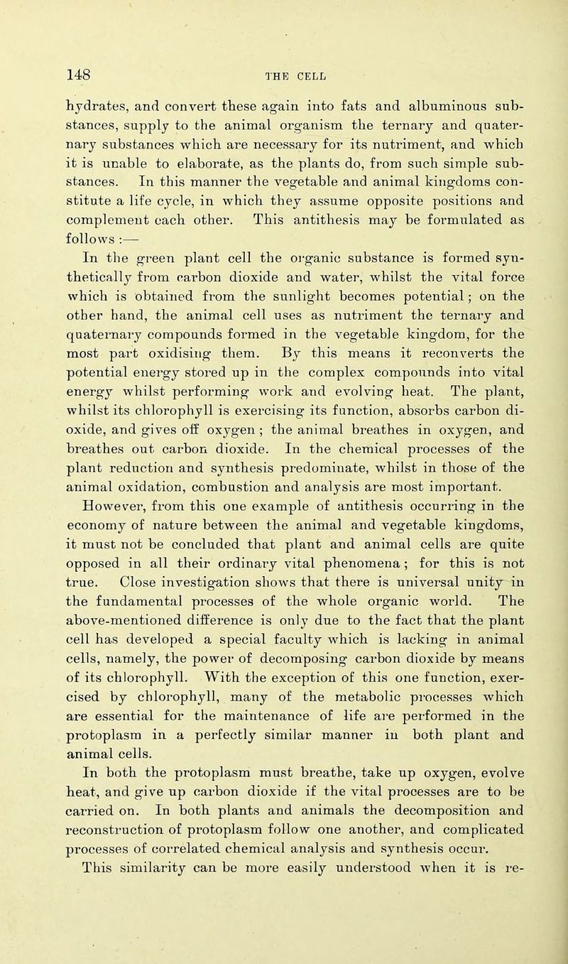 hydrates, and convert these again into fats and albuminous sub- stances, supply to the animal organism the ternary and quater- nary substances which are necessary for its nutriment, and which it is unable to elaborate, as the plants do, from such simple sub- stances. In this manner the vegetable and animal kingdoms con- stitute a life cycle, in which they assume opposite positions and complement each other. This antithesis may be formulated as follows :— In the green plant cell the organic substance is formed syn- thetically from carbon dioxide and water, whilst the vital force which is obtained from the sunlight becomes potential; on the other hand, the animal cell uses as nutriment the ternary and quaternary compounds formed in the vegetable kingdom, for the most part oxidising them. By this means it reconverts the potential energy stored up in the complex compounds into vital energy whilst performing work and evolving heat. The plant, whilst its chlorophyll is exercising its function, absorbs carbon di- oxide, and gives off oxygen ; the animal breathes in oxygen, and breathes out carbon dioxide. In the chemical processes of the plant reduction and synthesis predominate, whilst in those of the animal oxidation, combustion and analysis are most important. However, from this one example of antithesis occurring in the economy of nature between the animal and vegetable kingdoms, it must not be concluded that plant and animal cells are quite opposed in all their ordinary vital phenomena; for this is not true. Close investigation shows that there is universal unity in the fundamental processes of the whole organic world. The above-mentioned difference is only due to the fact that the plant cell has developed a special faculty which is lacking in animal cells, namely, the power of decomposing carbon dioxide by means of its chlorophyll. With the exception of this one function, exer- cised by chlorophyll, many of the metabolic processes which are essential for the maintenance of life are performed in the protoplasm in a perfectly similar manner in both plant and animal cells. In both the protoplasm must breathe, take up oxygen, evolve heat, and give up carbon dioxide if the vital processes are to be carried on. In both plants and animals the decomposition and reconstruction of protoplasm follow one another, and complicated processes of correlated chemical analysis and synthesis occur. This similarity can be more easily understood when it is re-