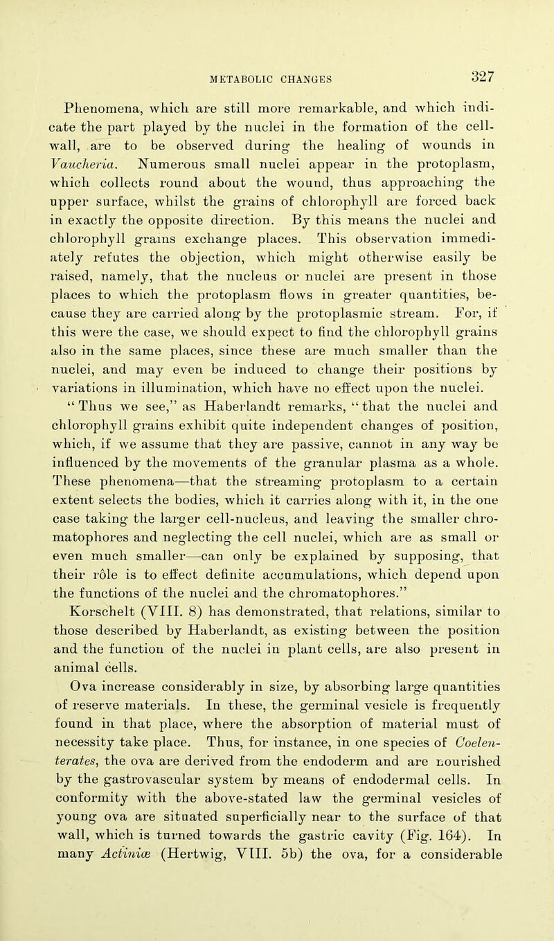Phenomena, which are still more remarkable, and which indi- cate the part played by the nuclei in the formation of the cell- wall, are to be observed during' the healing of wounds in Vaucheria. Numerous small nuclei appear in the protoplasm, which collects round about the wound, thus approaching the upper surface, whilst the grains of chlorophyll are forced back in exactly the opposite direction. By this means the nuclei and chlorophyll grains exchange places. This observation immedi- ately refutes the objection, which might otherwise easily be raised, namely, that the nucleus or nuclei are present in those places to which the protoplasm flows in greater quantities, be- cause they are carried along by the protoplasmic stream. For, if this were the case, we should expect to find the chlorophyll grains also in the same places, since these are much smaller than the nuclei, and may even be induced to change their positions by variations in illumination, which have no effect upon the nuclei. “Thus we see,” as Haberlandt remarks, “that the nuclei and chlorophyll grains exhibit quite independent changes of position, which, if we assume that they are passive, cannot in any way be influenced by the movements of the granular plasma as a whole. These phenomena—that the streaming protoplasm to a certain extent selects the bodies, which it carries along with it, in the one case taking the larger cell-nucleus, and leaving the smaller chro- matophores and neglecting the cell nuclei, which are as small or even much smaller—can only be explained by supposing, that their role is to effect definite accumulations, which depend upon the functions of the nuclei and the chromatophores.” Korschelt (VIII. 8) has demonstrated, that relations, similar to those described by Haberlandt, as existing between the position and the function of the nuclei in plant cells, are also present in animal cells. Ova increase considerably in size, by absorbing large quantities of reserve materials. In these, the germinal vesicle is frequently found in that place, where the absorption of material must of necessity take place. Thus, for instance, in one species of Coelen- terates, the ova are derived from the endoderm and are nourished by the gastrovascular system by means of endodermal cells. In conformity with the above-stated law the germinal vesicles of young ova are situated superficially near to the surface of that wall, which is turned towards the gastric cavity (Fig. 164). In many Actiniae, (Hertwig, VIII. 5b) the ova, for a considerable