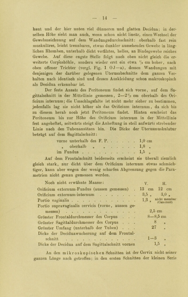 haut und der hier unten viel dünneren und glatten Decidua; in der- selben Höhe sieht man auch, wenn schon nicht linear, einen Wechsel der Gewebszeichnung auf dem Wandungsdurchschnitt: oberhalb fast rein muskuläres, leicht trennbares, etwas dunkler aussehendes Gewebe in läng- lichen Rhomben, unterhalb dicht verfilztes, helles, an Bindegewebe reiches Gewebe. Auf diese engste Stelle folgt nach oben nicht gleich die er- weiterte Corpushöhle, sondern wieder erst ein etwa ^/2 cm hoher, nach oben offener Trichter (vergl. Fig. 1 OJ—a), dessen Wandungen mit denjenigen der darüber gelegenen Uterusabschnitte dem ganzen Ver- halten nach identisch sind und dessen Auskleidung schon makroskopisch als Decidua erkennbar ist. Der feste Ansatz des Peritoneum findet sich vorne, auf dem Sa- gittalschnitt in der Mittellinie gemessen, 2—2^/2 cm oberhalb des Ori- ficium internum; die Umschlagsfalte ist nicht mehr sicher zu bestimmen, jedenfalls lag sie nicht höher als das Orificium internum, da sich bis zu diesem herab noch jetzt Peritoneum findet. Hinten erscheint das Peritoneum bis zur Höhe des Orificium internum in der Mittellinie fest angebeftet, seitwärts steigt die Anheftung in steil aufwärts strebender Linie nach den Tubenansätzen hin. Die Dicke der Uterusmuskulatur beträgt auf dem Sagittalschnitt: vorne unterhalb des F. P 1,0 cm „ oberhalb „ „ 1,8 „ im Fundus » Auf dem Frontalschnitt beiderseits erscheint sie überall ziemlich gleich stark, nur dicht über dem Orificium internum etwas schmäch- tiger, kann aber wegen der wenig scharfen Abgrenzung gegen die Para- metrien nicht genau gemessen werden. Noch nicht erwähnte Maasse: Orificium externum-Fundus (aussen gemessen) Orificium externum-internum Portio vaginalis Portio supravaginalis cervicis (vorne, aussen ge- messen) Grösster Frontaldurchmesser des Corpus . . . Grösster Sagittaldurchmesser des Corpus , . . Grösster Umfang (unterhalb der Tuben) Dicke der Deciduawucherung auf dem Frontal- schnitt Dicke der Decidua auf dem Sagittalschnitt vornen An den mikroskopischen Schnitten ist der Cervix nicht seiner ganzen Länge nach getroffen; in den ersten Schnitten der kleinen Serie V. H. 13 cm 12 cm „ 3,0 „ \ 3 nicht messbar ’ ” (Cancroid) 2,5 cm 8—8,5 cm 8 „ 27 „ 1-3 . 1,5 .