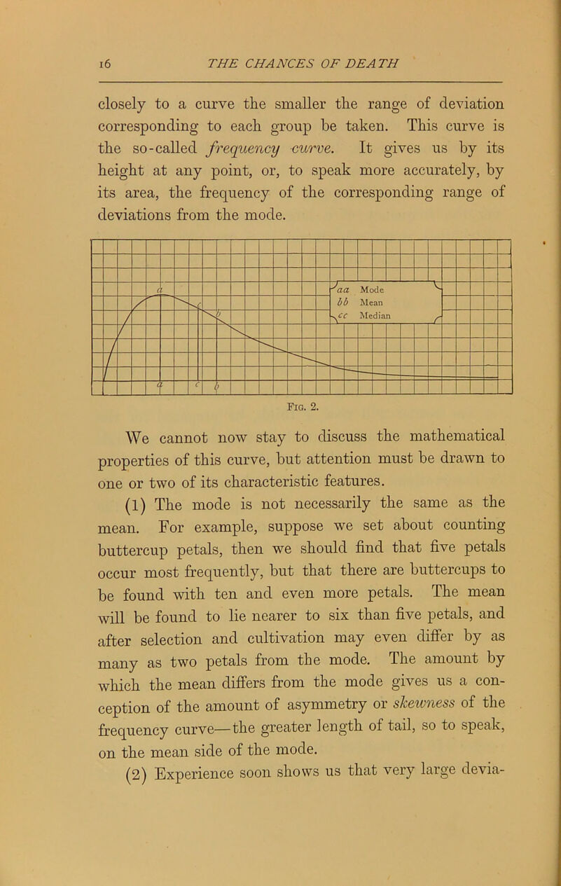 closely to a curve the smaller the range of deviation corresponding to each group be taken. This curve is the so-called frequency curve. It gives us by its height at any point, or, to speak more accurately, by its area, the frequency of the corresponding range of deviations from the mode. Fig. 2. We cannot now stay to discuss the mathematical properties of this curve, but attention must be drawn to one or two of its characteristic features. (1) The mode is not necessarily the same as the mean. For example, suppose we set about counting buttercup petals, then we should find that five petals occur most frequently, but that there are buttercups to be found with ten and even more petals. The mean will be found to lie nearer to six than five petals, and after selection and cultivation may even differ by as many as two petals from the mode. The amount by which the mean differs from the mode gives us a con- ception of the amount of asymmetry or skewness of the frequency curve—the greater length of tail, so to speak, on the mean side of the mode. (2) Experience soon shows us that very large devia-