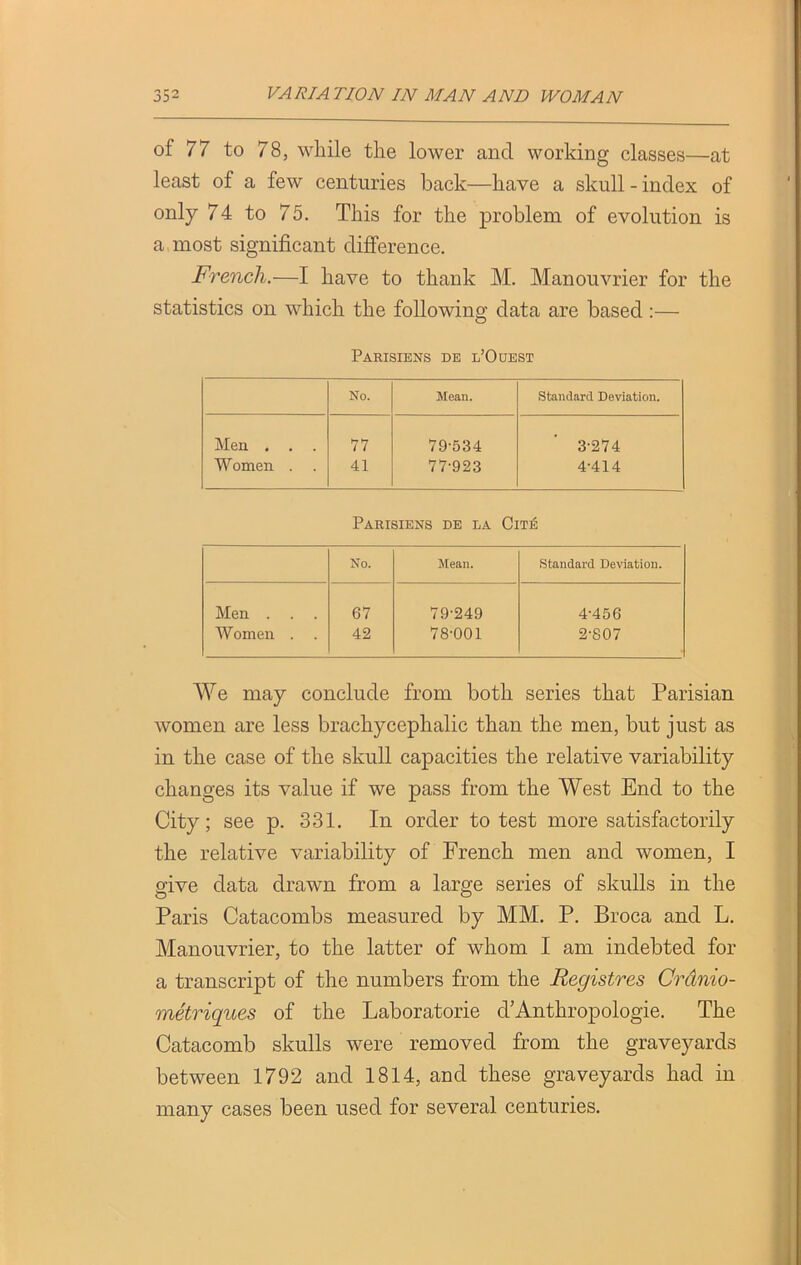 of 77 to 78, while the lower and working classes—at least of a few centuries back—have a skull - index of only 74 to 75. This for the problem of evolution is a most significant difference. French.—I have to thank M. Manouvrier for the statistics on which the following data are based :— Parisiens de l’Ooest No. Mean. Standard Deviation. Men . . . 77 79-534 3-274 Women . . 41 77-923 4-414 Parisiens de la Citi5 No. Mean. Standard Deviation. Men . 67 79-249 4-456 Women . 42 78-001 2-807 We may conclude from both series that Parisian women are less brachycephalic than the men, but just as in the case of the skull capacities the relative variability changes its value if we pass from the West End to the City; see p. 331. In order to test more satisfactorily the relative variability of French men and women, I give data drawn from a large series of skulls in the Paris Catacombs measured by MM. P. Broca and L. Manouvrier, to the latter of whom I am indebted for a transcript of the numbers from the Registres Cr&nio- metriques of the Laboratorie d’Anthropologie. The Catacomb skulls were removed from the graveyards between 1792 and 1814, and these graveyards had in many cases been used for several centuries.