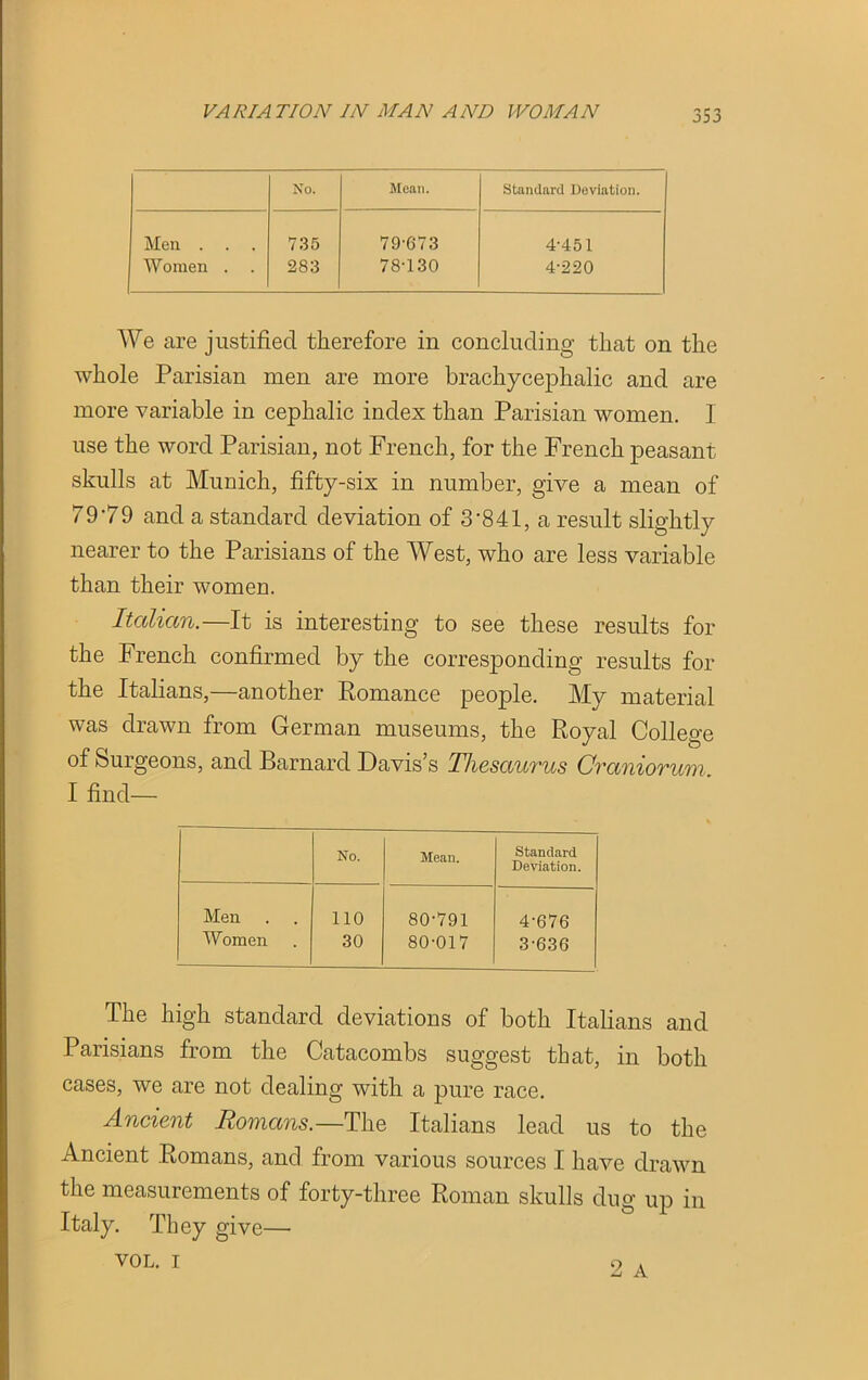 No. Mean. Standard Deviation. Men . 735 79-673 4-451 Women . . — 283 78-130 4-220 We are justified therefore in concluding that on the whole Parisian men are more brachycephalic and are more variable in cephalic index than Parisian women. I use the word Parisian, not French, for the French peasant skulls at Munich, fifty-six in number, give a mean of 7979 and a standard deviation of 3‘841, a result slightly nearer to the Parisians of the West, who are less variable than their women. Italian.—It is interesting to see these results for the French confirmed by the corresponding results for the Italians, another Romance people. My material was drawn from German museums, the Royal College of Surgeons, and Barnard Davis’s Thesaurus Craniorum. I find— No. Mean. Standard Deviation. Men Women 110 30 80-791 80-017 4-676 3-636 The high standard deviations of both Italians and Parisians from the Catacombs suggest that, in both cases, we are not dealing with a pure race. Ancient Romans.—The Italians lead us to the Ancient Romans, and from various sources I have drawn the measurements of forty-three Roman skulls dug up in Italy. They give— VOL. i 9 A