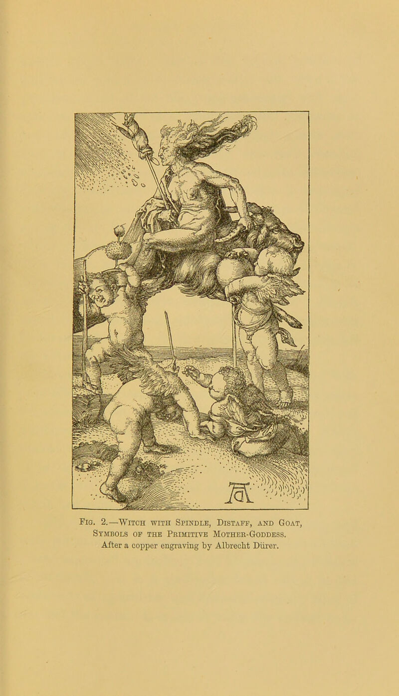 Fig. 2.—Witch with Spindle, Distaff, and Goat, Symbols of the Primitive Mother-Goddess. After a copper engraving by Albrecht Diirer.