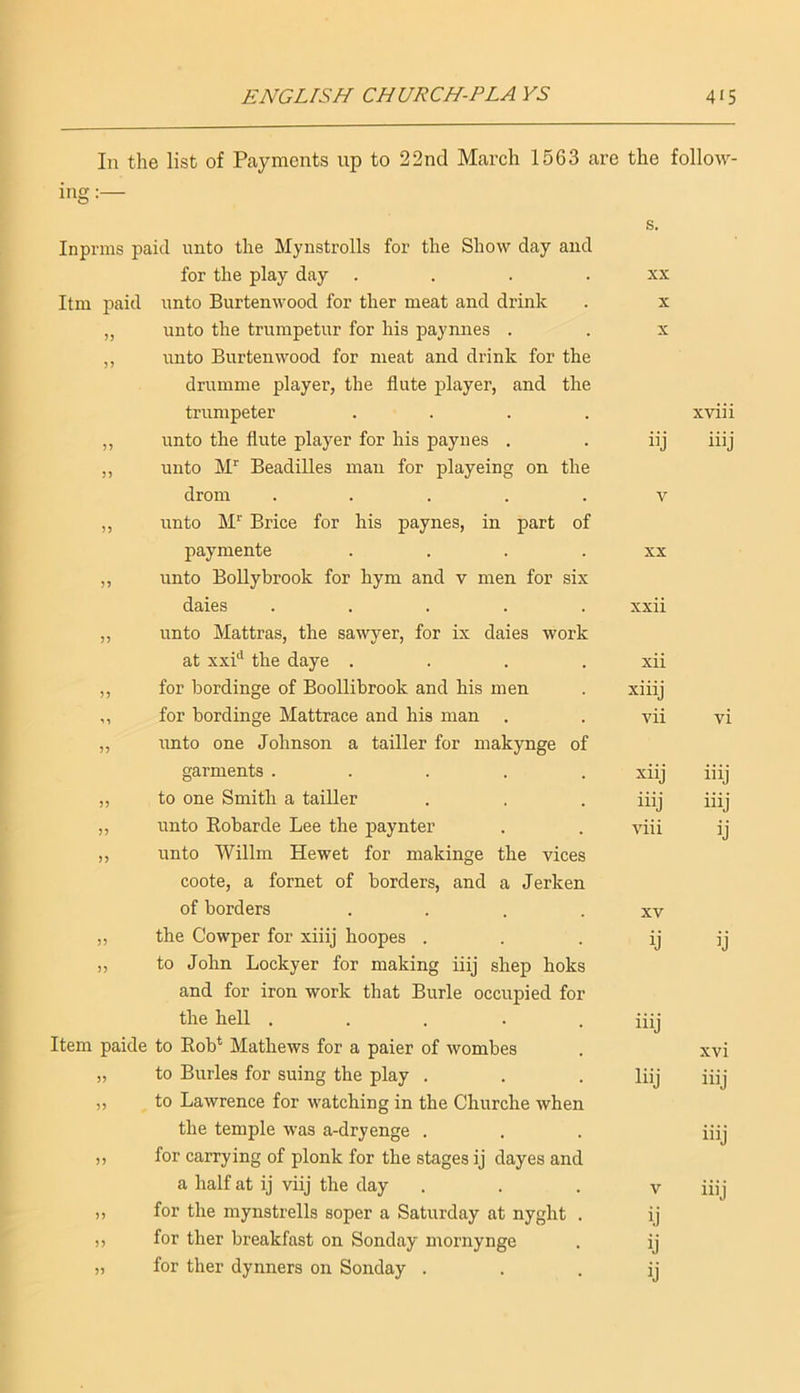 In the list of Payments up to 22nd March 1663 are the follow- ing:— s. Inprms paid unto the Mynstrolls for the Show day and for the play day .... XX Itm paid unto Burtenwood for ther meat and drink X JJ unto the trumpetur for his paynnes . X unto Burtenwood for meat and drink for the drumme player, the flute player, and the trumpeter .... xviii unto the flute player for his paynes . iij iiij 5) unto hP Beadilles man for playeing on the drom ..... V imto Brice for his paynes, in part of paymente .... XX 55 unto BoUybrook for hym and v men for six dales ..... xxii 55 unto Mattras, the sawyer, for ix dales work at xxP the daye .... xii 55 for bordinge of Boollibrook and his men xiiij ^5 for bordinge Mattrace and his man . vii vi 55 unto one Johnson a tailler for makynge of garments ..... xiij iiij 55 to one Smith a tailler iiij iiij 55 unto Eobarde Lee the paynter viii ij 55 unto Willm Hewet for makinge the vices coote, a fornet of borders, and a Jerken of borders .... XV 55 the Cowper for xiiij hoopes . ij ij 55 to John Lockyer for making iiij shep hoks and for iron work that Burle occupied for the hell ..... iiij Item paide to Eob* Mathews for a paier of wombes xvi 55 to Buries for suing the play . iiij iiij 55 to Lawrence for watching in the Churche when the temple was a-dryenge . iiij 55 for carrying of plonk for the stages ij dayes and a half at ij viij the day V iiij 55 for the mynstrells soper a Saturday at nyght . ij 55 for ther breakfast on Sonday mornynge ij 55 for ther dynners on Sonday . ij